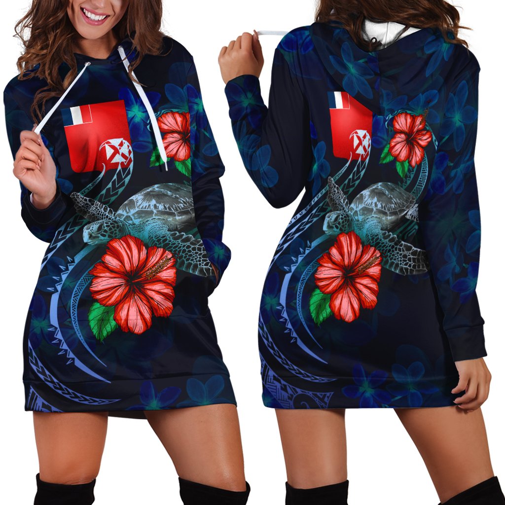 Wallis and Futuna Polynesian Hoodie Dress - Blue Turtle Hibiscus Blue - Polynesian Pride