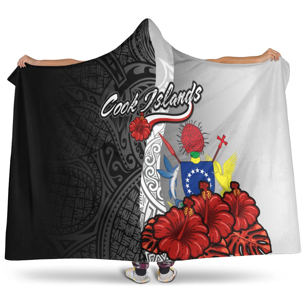 Cook Islands Polynesian Hooded Blanket - Coat Of Arm With Hibiscus White Hooded Blanket White - Polynesian Pride