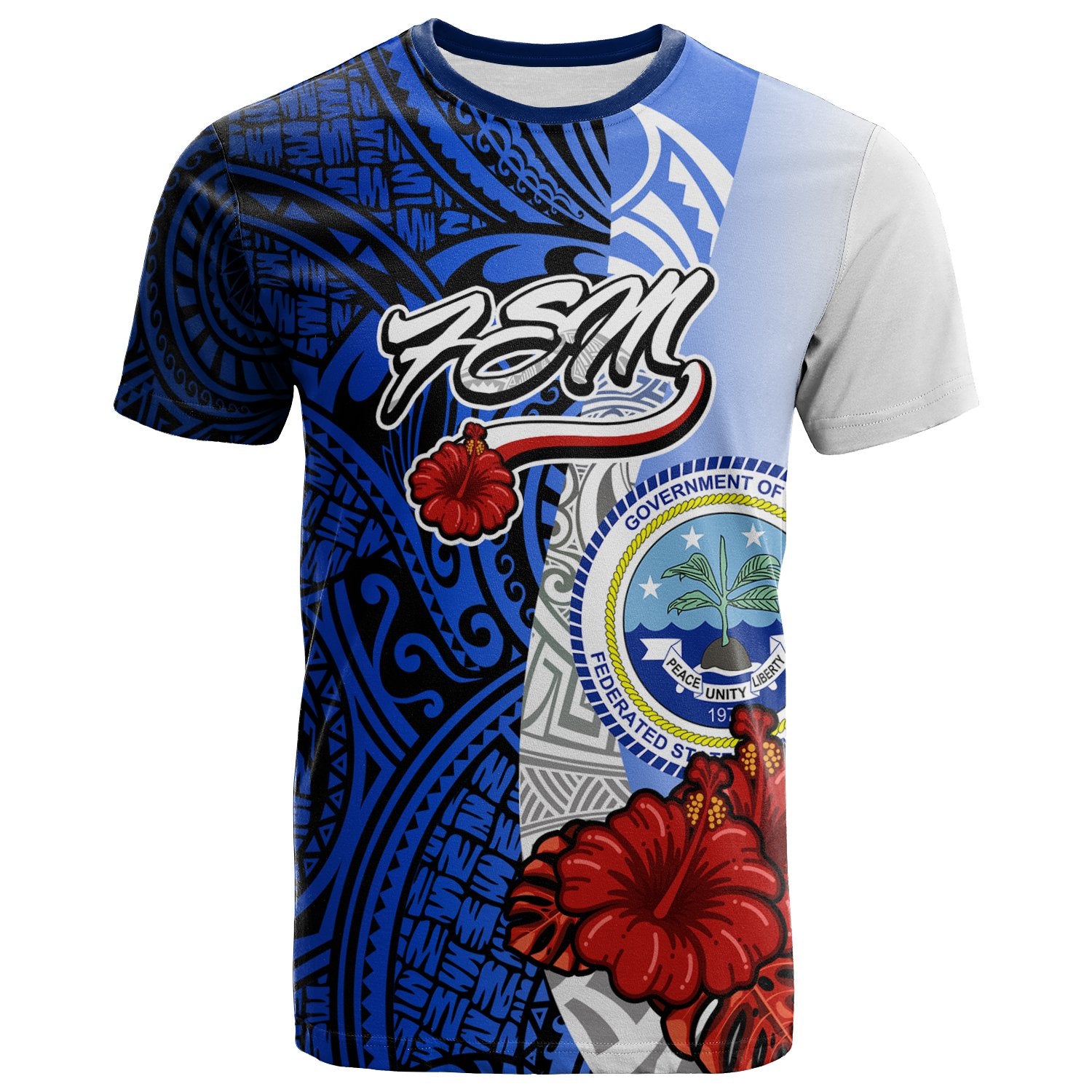 Federated States of Micronesia T Shirt Coat of Arm With Hibiscus Unisex Blue - Polynesian Pride