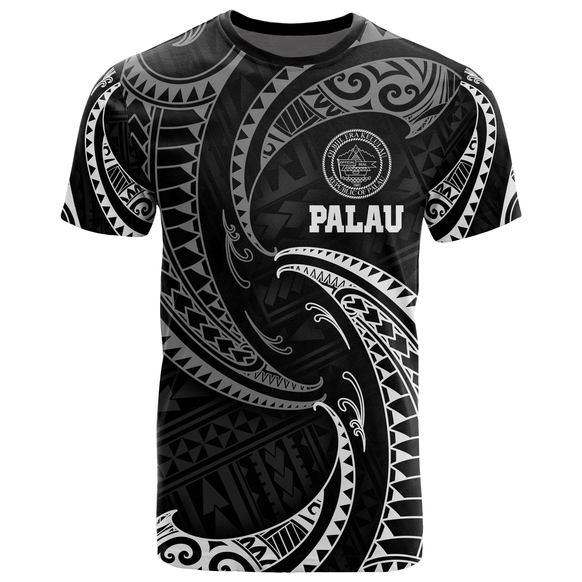 Palau Polynesian All Over T Shirt White Tribal Wave Unisex White - Polynesian Pride