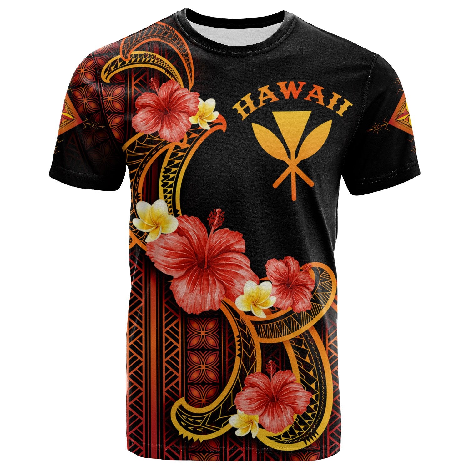 Hawaii T Shirt Hibiscus Plumeria Mix Tribal Leaves Unisex Orange - Polynesian Pride