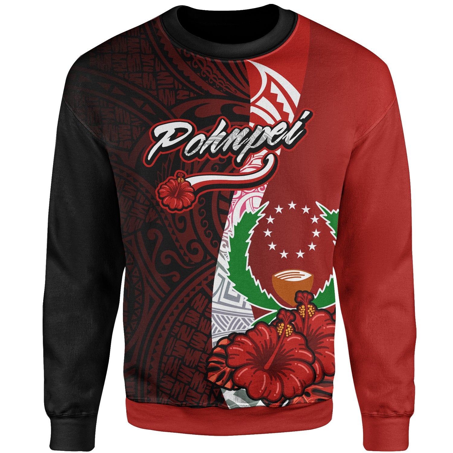 Pohnpei Polynesian Sweater - Coat Of Arm With Hibiscus Unisex Red - Polynesian Pride