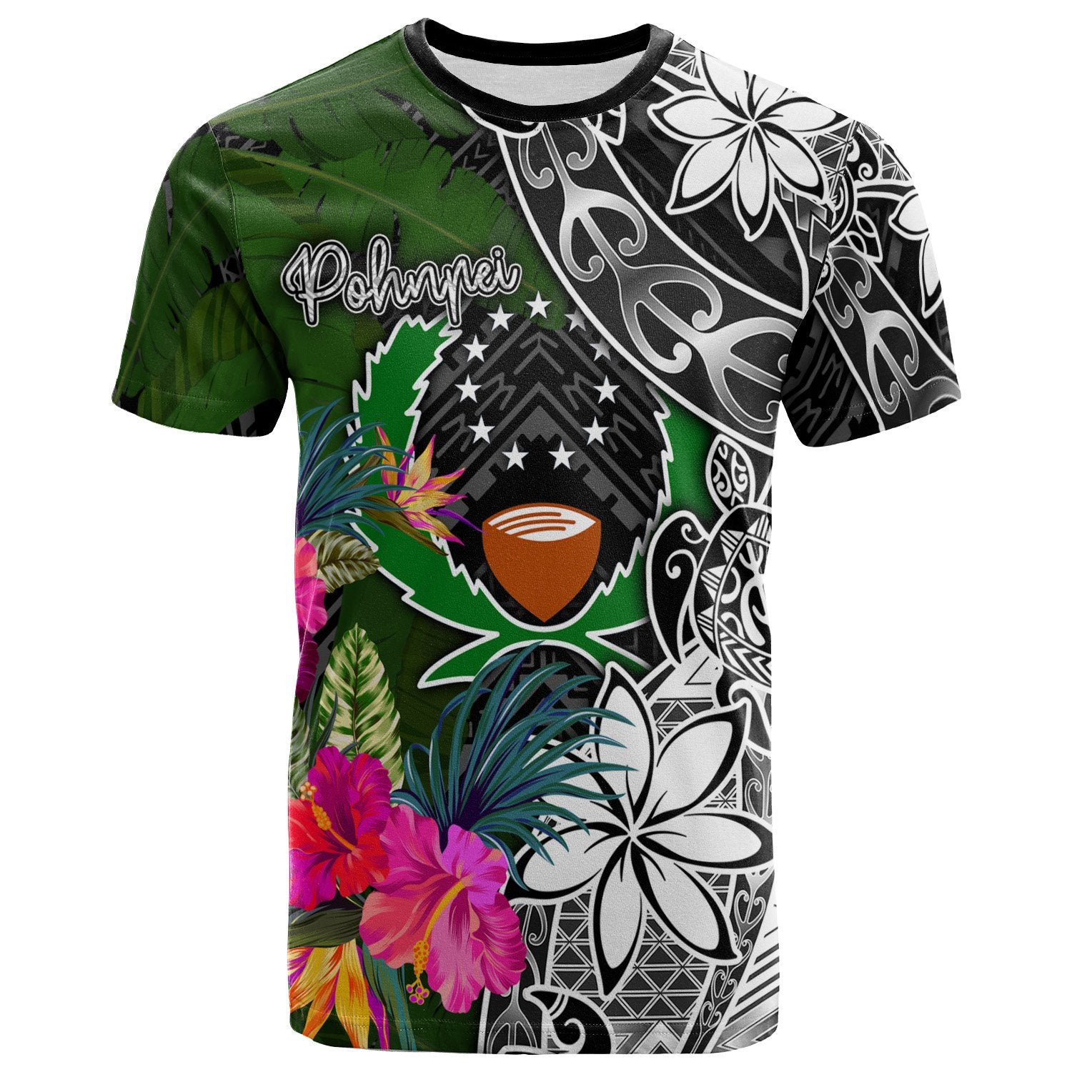 Pohnpei T Shirt Turtle Plumeria Banana Leaf Unisex Black - Polynesian Pride