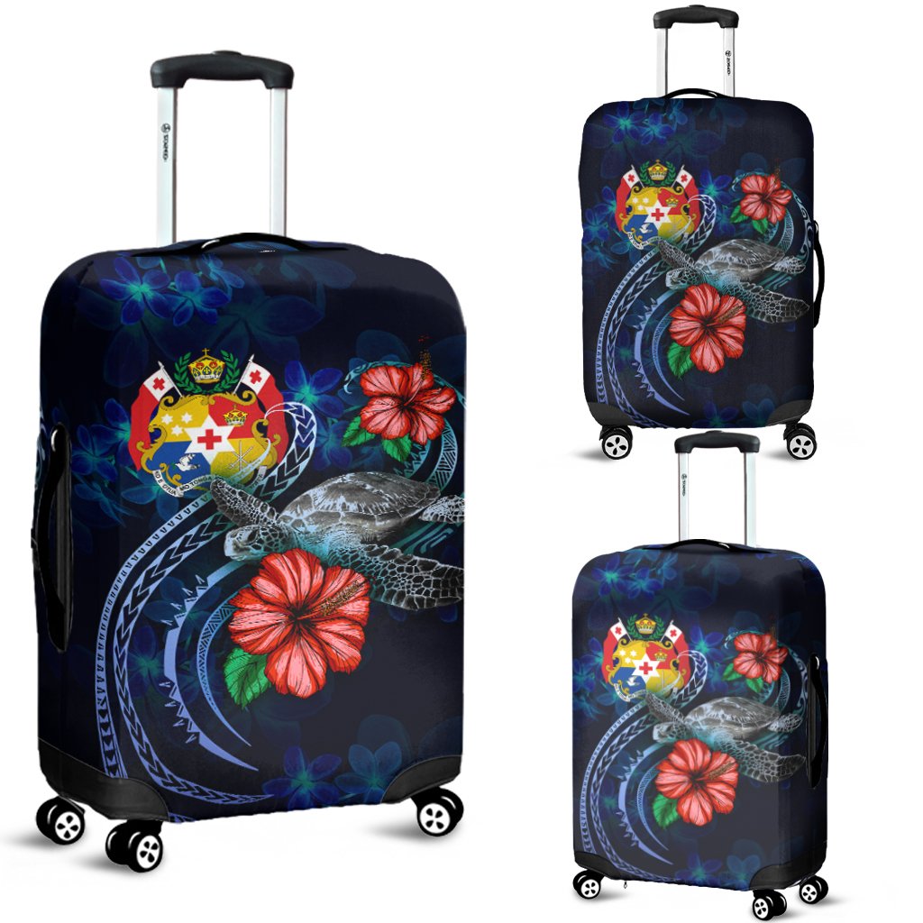 Tonga Polynesian Luggage Cover - Blue Turtle Hibiscus Blue - Polynesian Pride