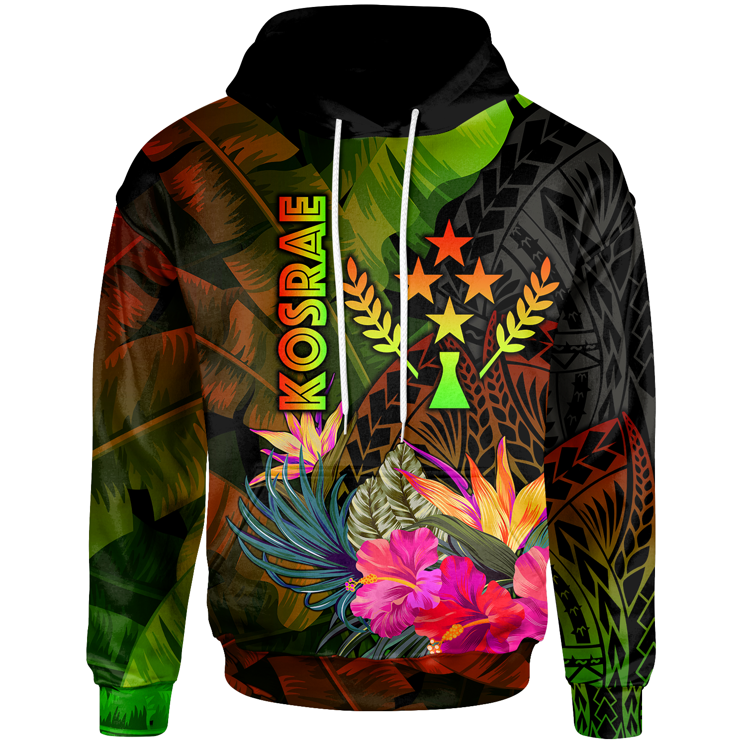 Kosrae Polynesian Hoodie Hibiscus and Banana Leaves Unisex Reggae - Polynesian Pride