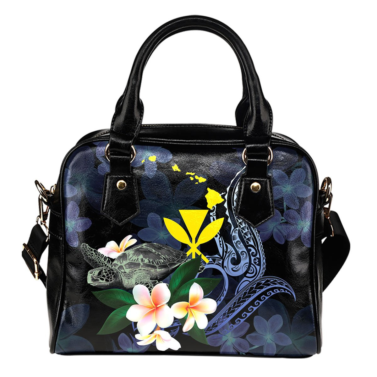 Polynesian Hawaii Shoulder Handbag - Turtle With Plumeria Flowers One Size Blue - Polynesian Pride