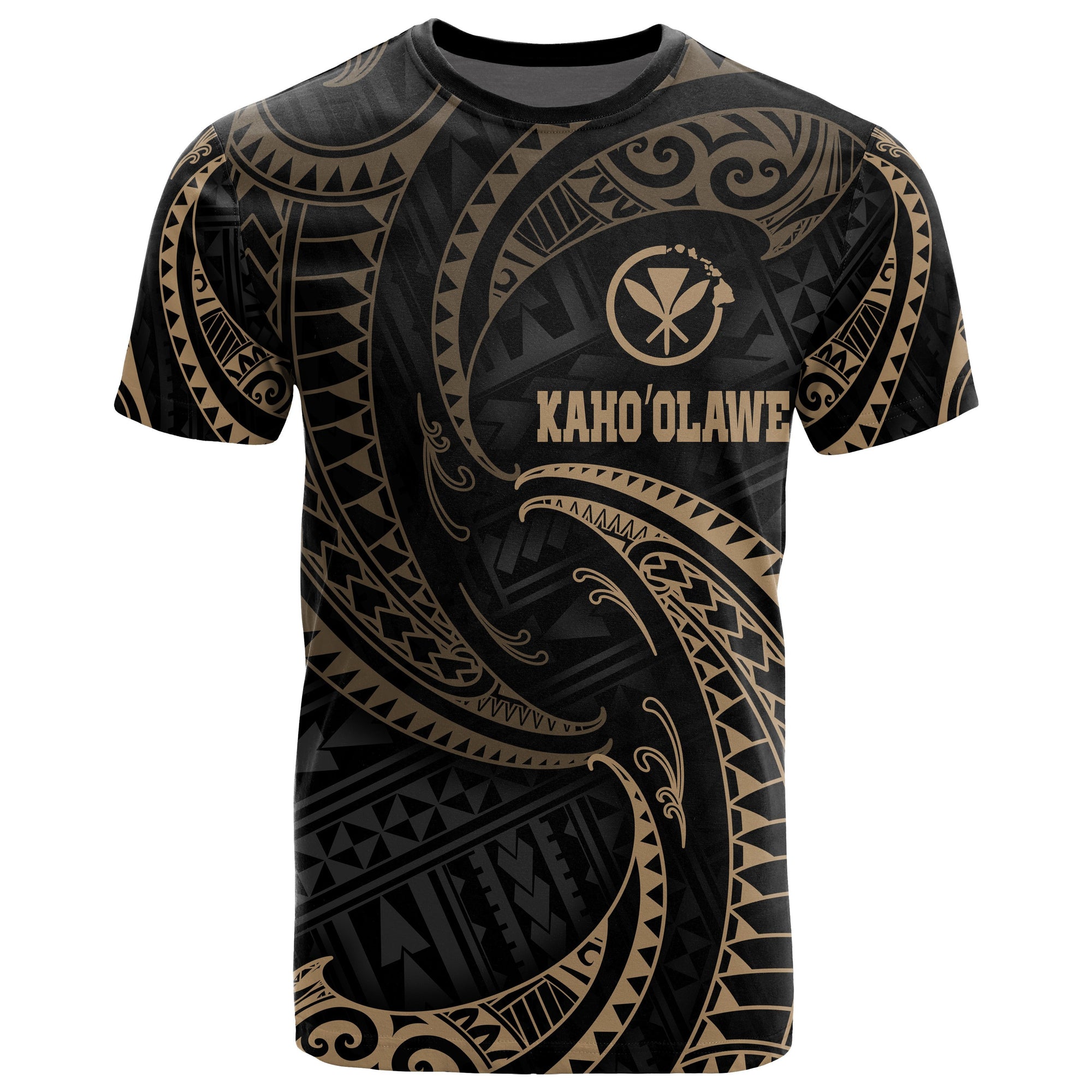 Hawaii Kaho olawe Polynesian T Shirt Gold Tribal Wave Unisex Black - Polynesian Pride