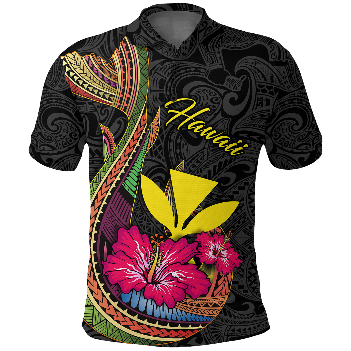 Hawaii Polynesian Fish Hook Hibiscus Polo Shirt LT12 Unisex Black - Polynesian Pride