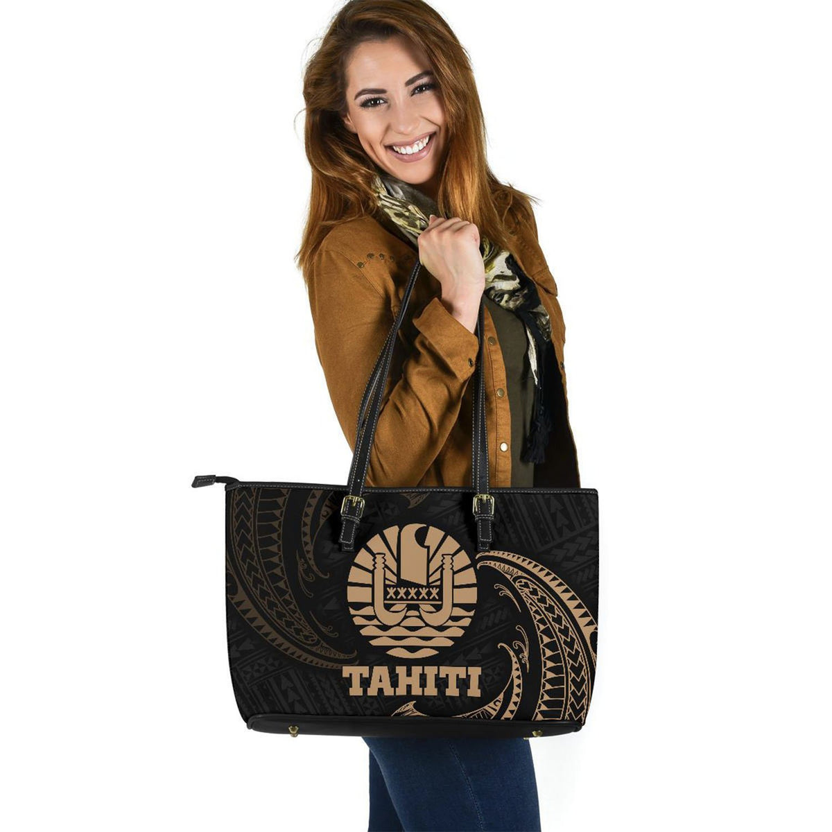 Tahiti Polynesian Leather Tote Bag - Gold Tribal Wave - Polynesian Pride