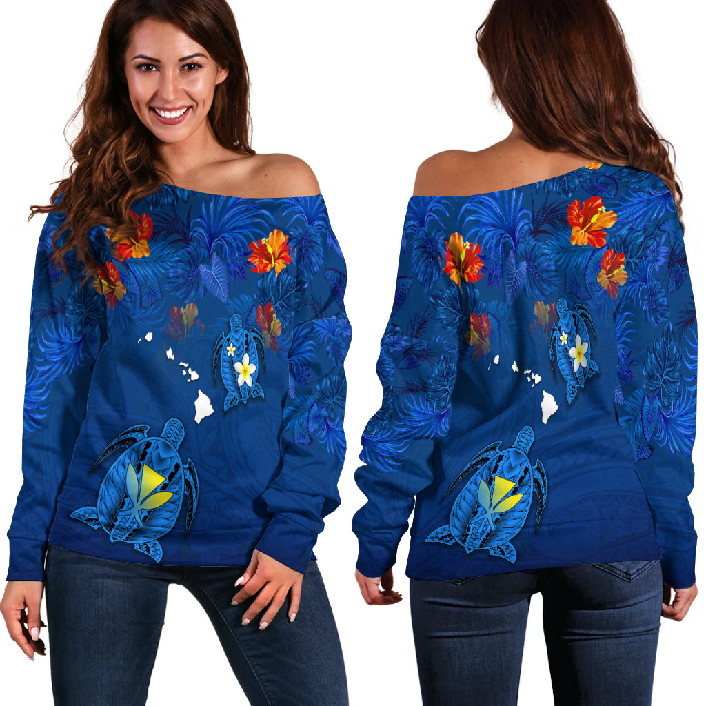 Hawaiian Islands Off Shoulder Sweater - Hawaii Tropical Flowers and Turtles Blue LT13 Blue - Polynesian Pride