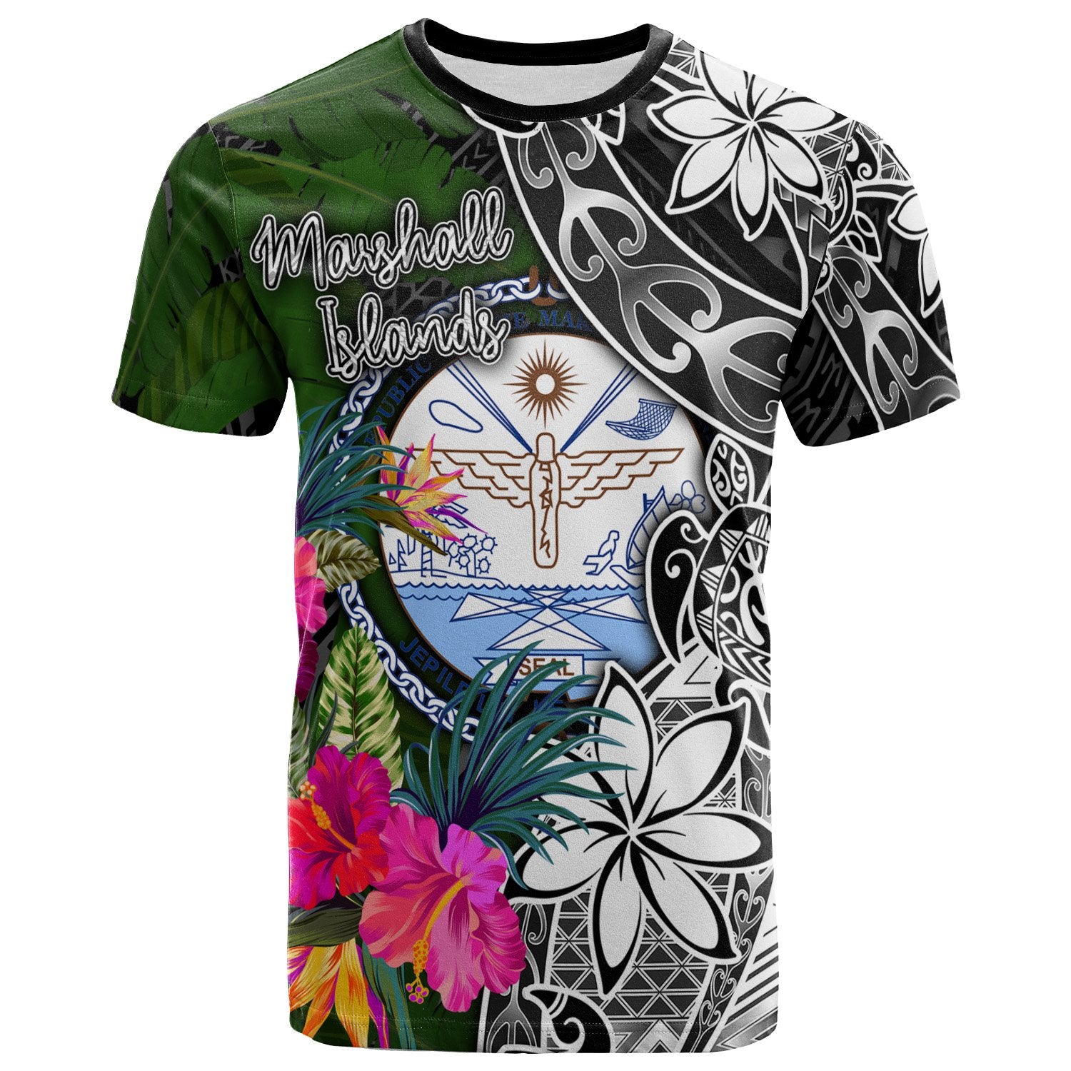 Marshall Islands T Shirt Turtle Plumeria Banana Leaf Crest Unisex Black - Polynesian Pride