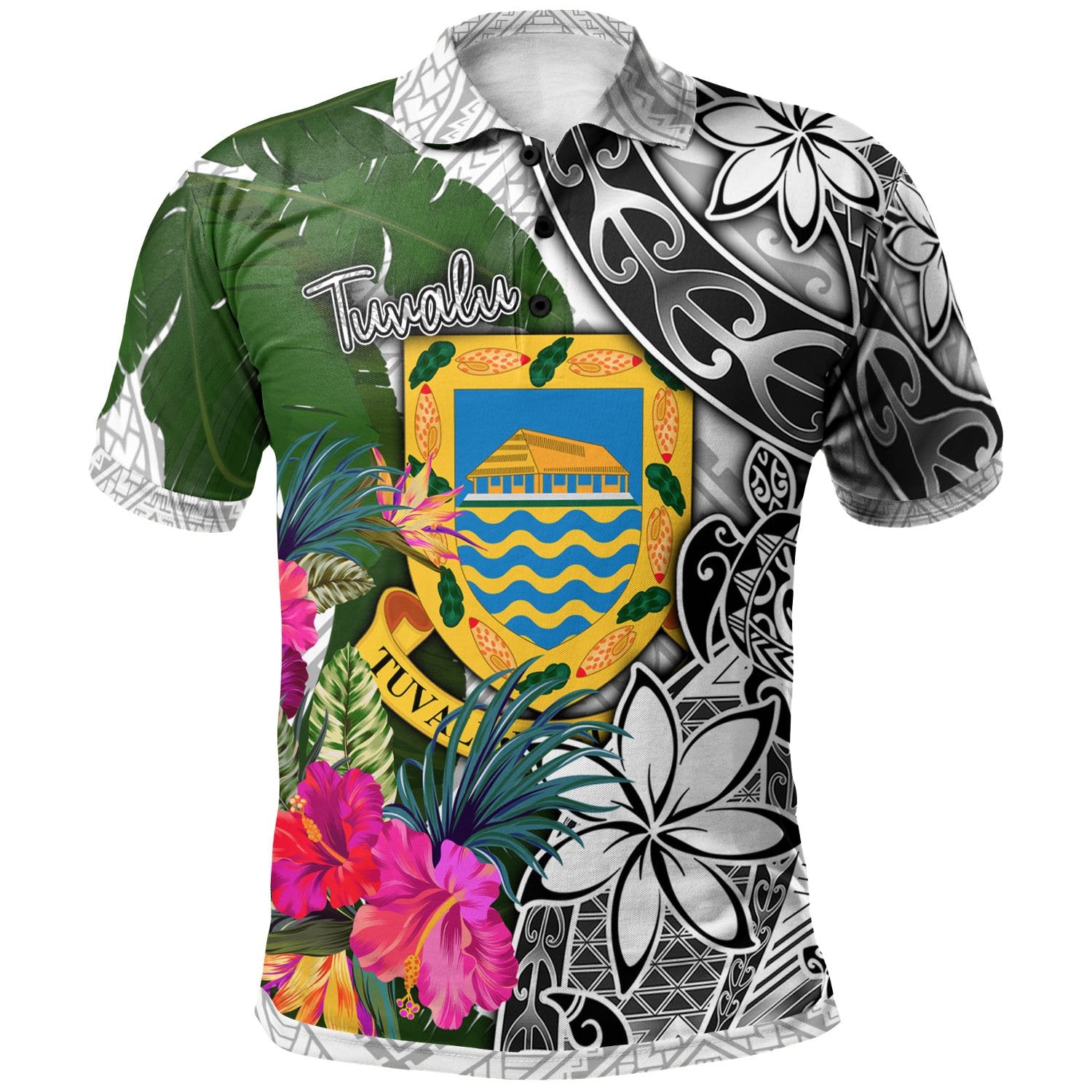 Tuvalu Polo Shirt White Turtle Plumeria Banana Leaf Unisex White - Polynesian Pride