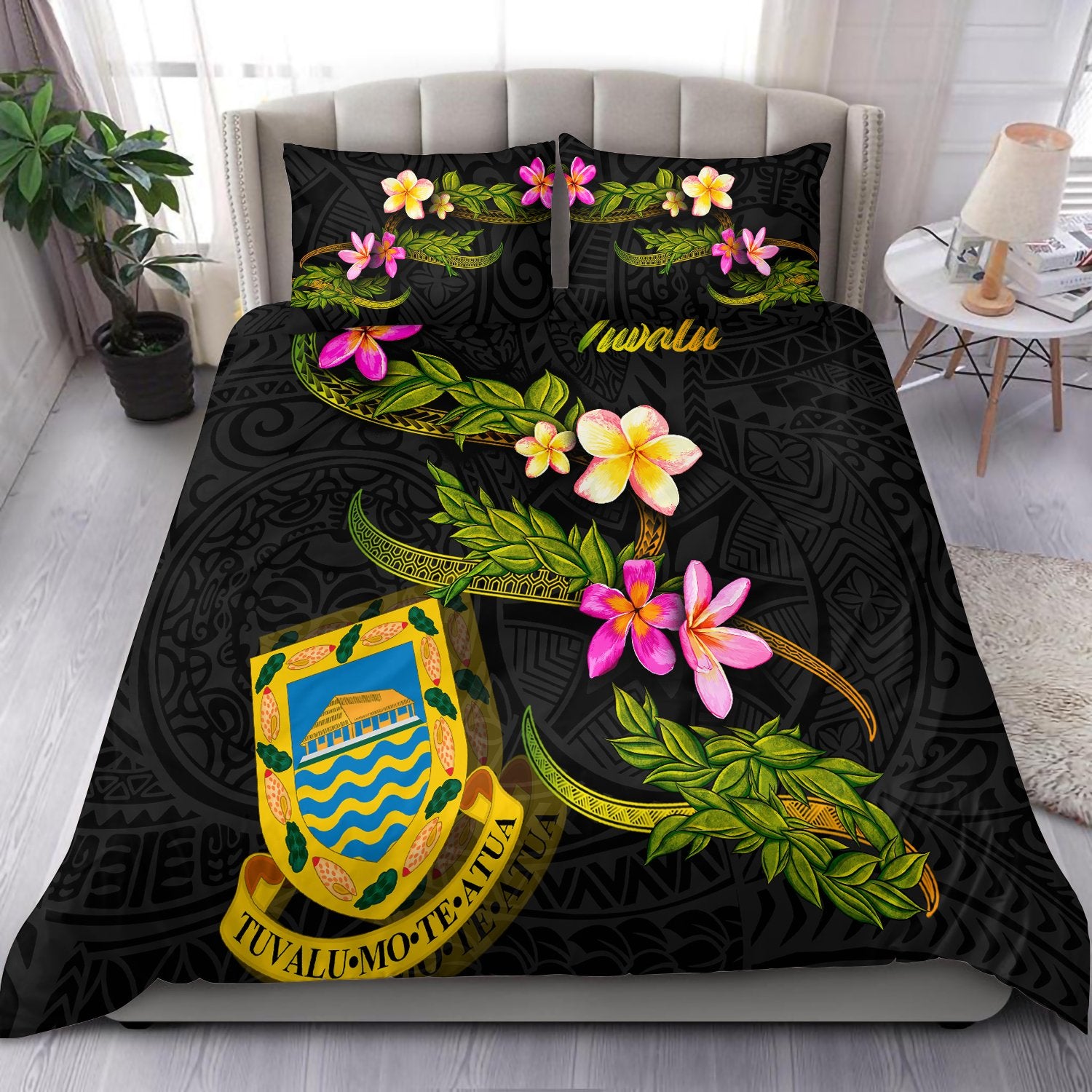 Tuvalu Polynesian Bedding Set - Plumeria Tribal Black - Polynesian Pride