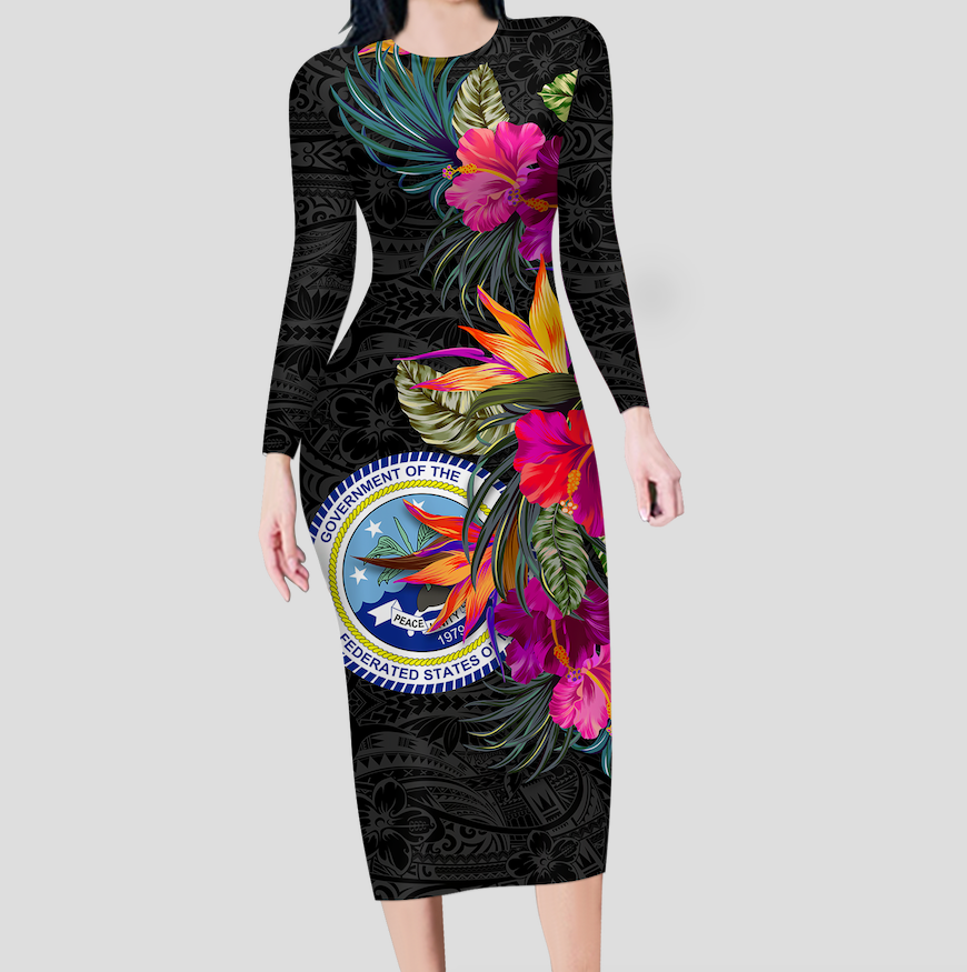 Federated States of Micronesia Hibiscus Polynesian Tribal Long Sleeves Dress - LT12 Women Black - Polynesian Pride