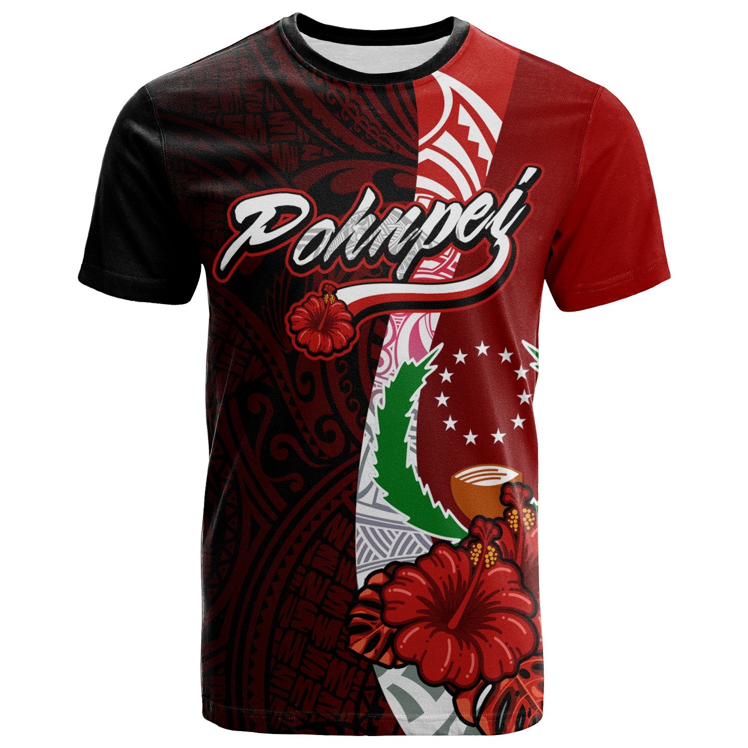 Pohnpei Micronesia T Shirt Coat Of Arm With Hibiscus Unisex Red - Polynesian Pride