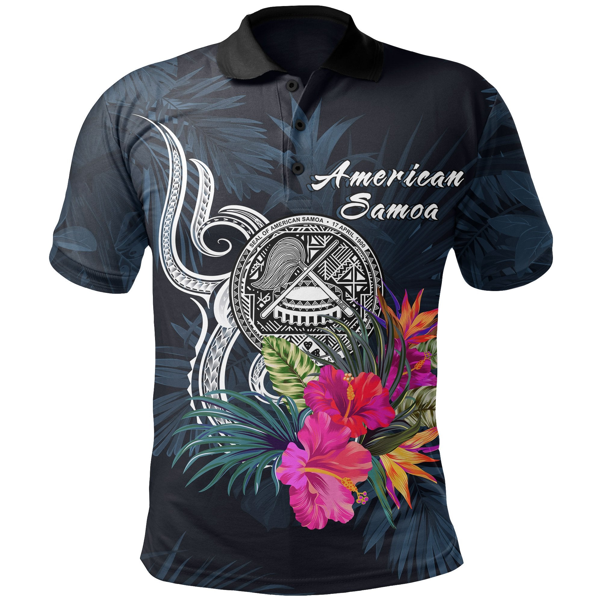 American Samoa Polynesian Polo Shirt Tropical Flower Unisex Blue - Polynesian Pride