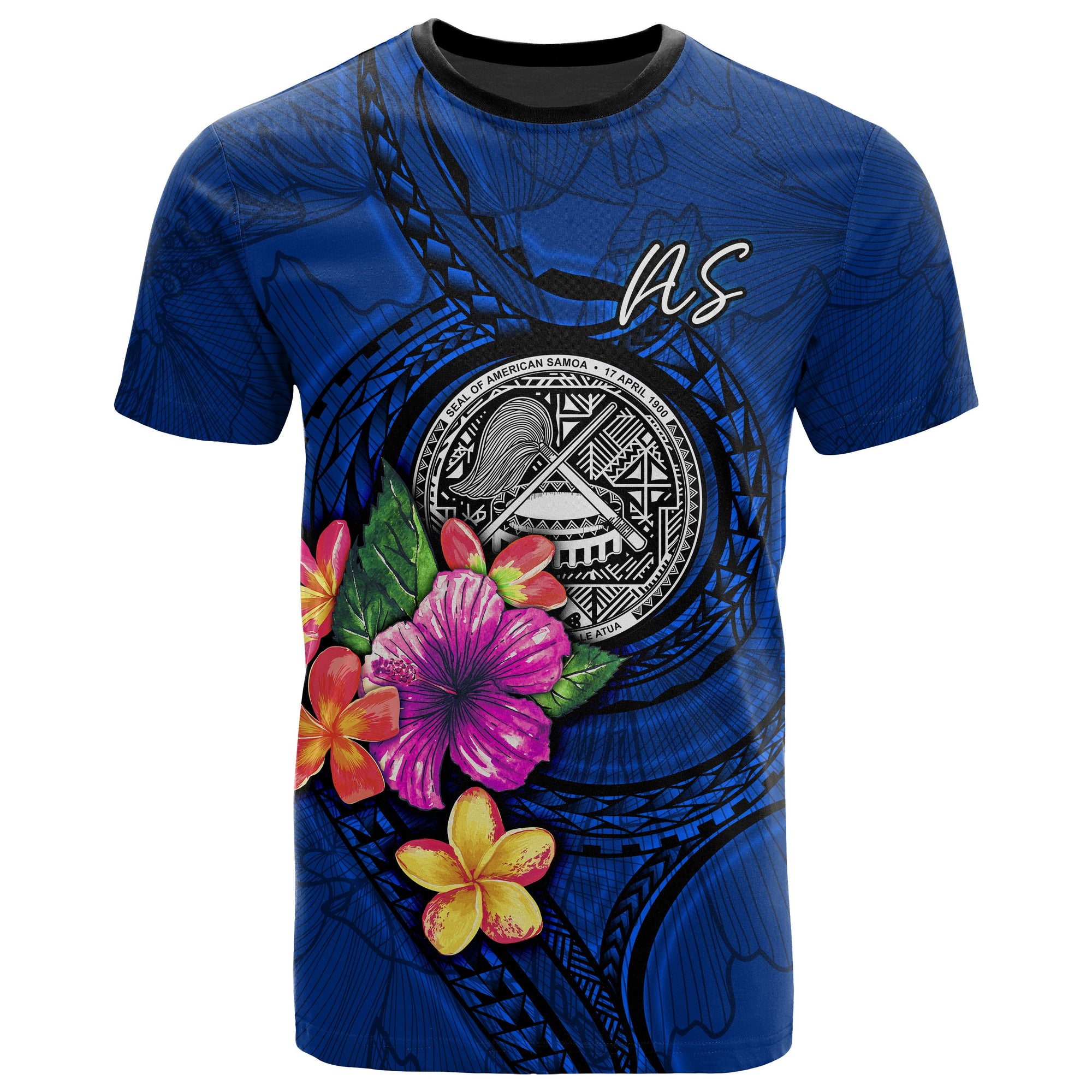 American Samoa Polynesian T Shirt Floral With Seal Blue Unisex Blue - Polynesian Pride