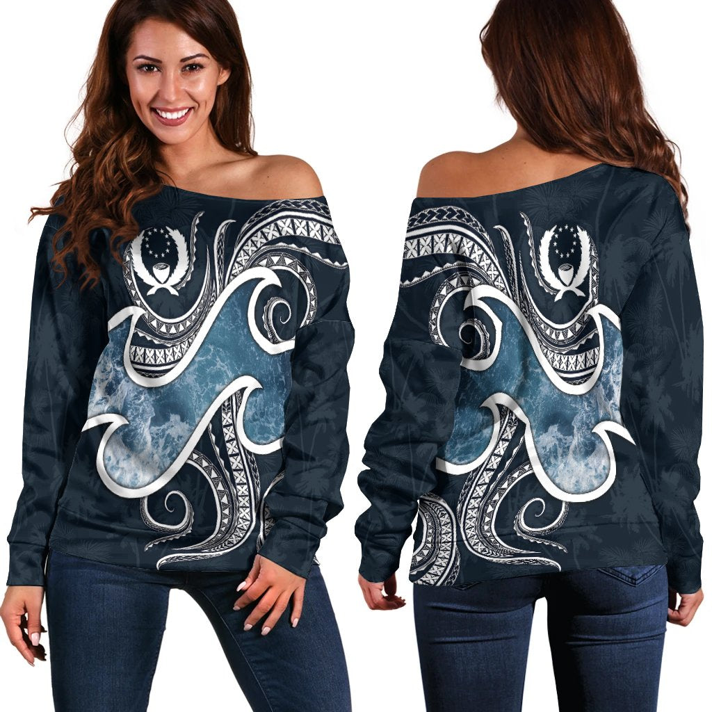 Pohnpei Islands Polynesian Women's Off Shoulder Sweater - Ocean Style Blue - Polynesian Pride