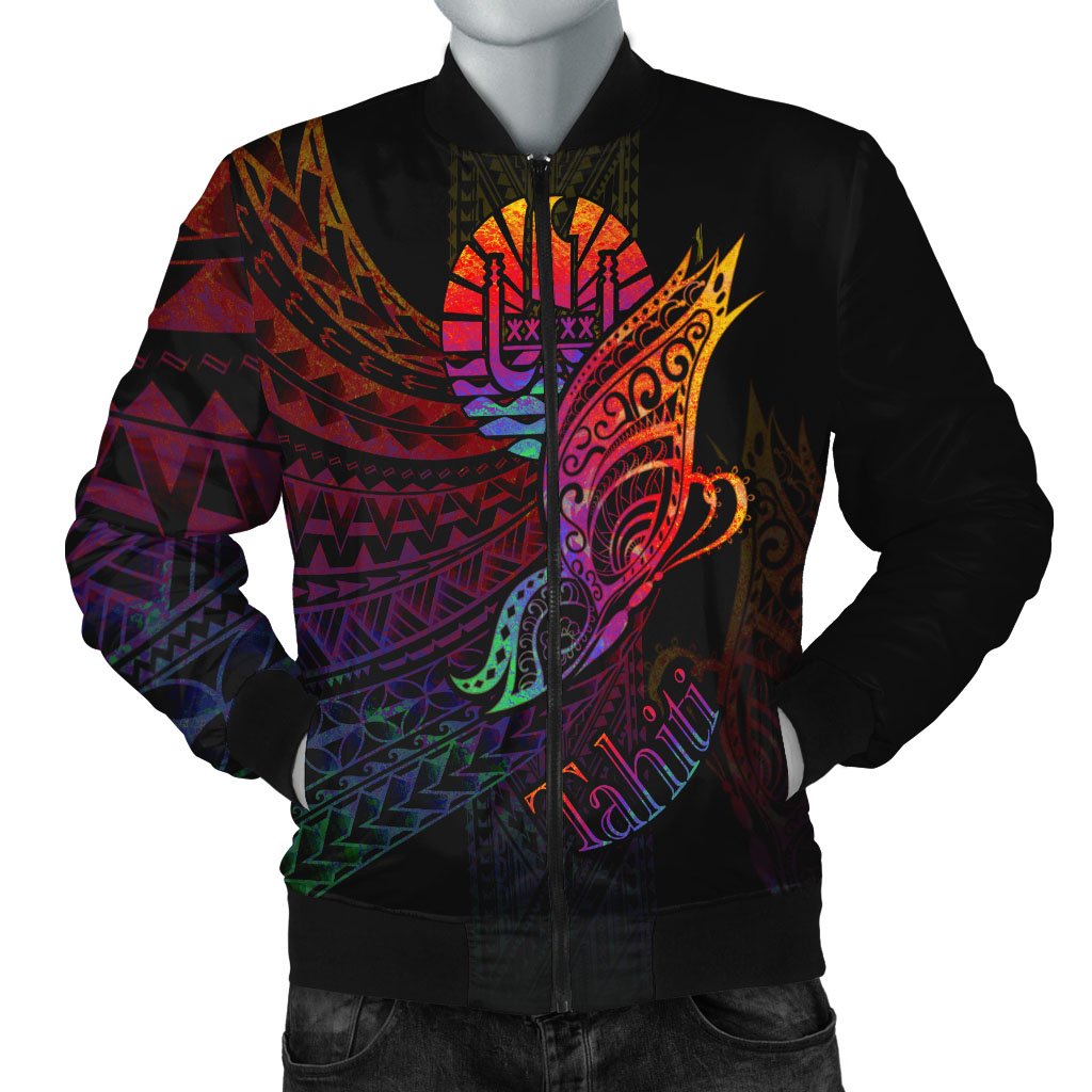 Tahiti Men's Bomber Jacket - Butterfly Polynesian Style Black - Polynesian Pride