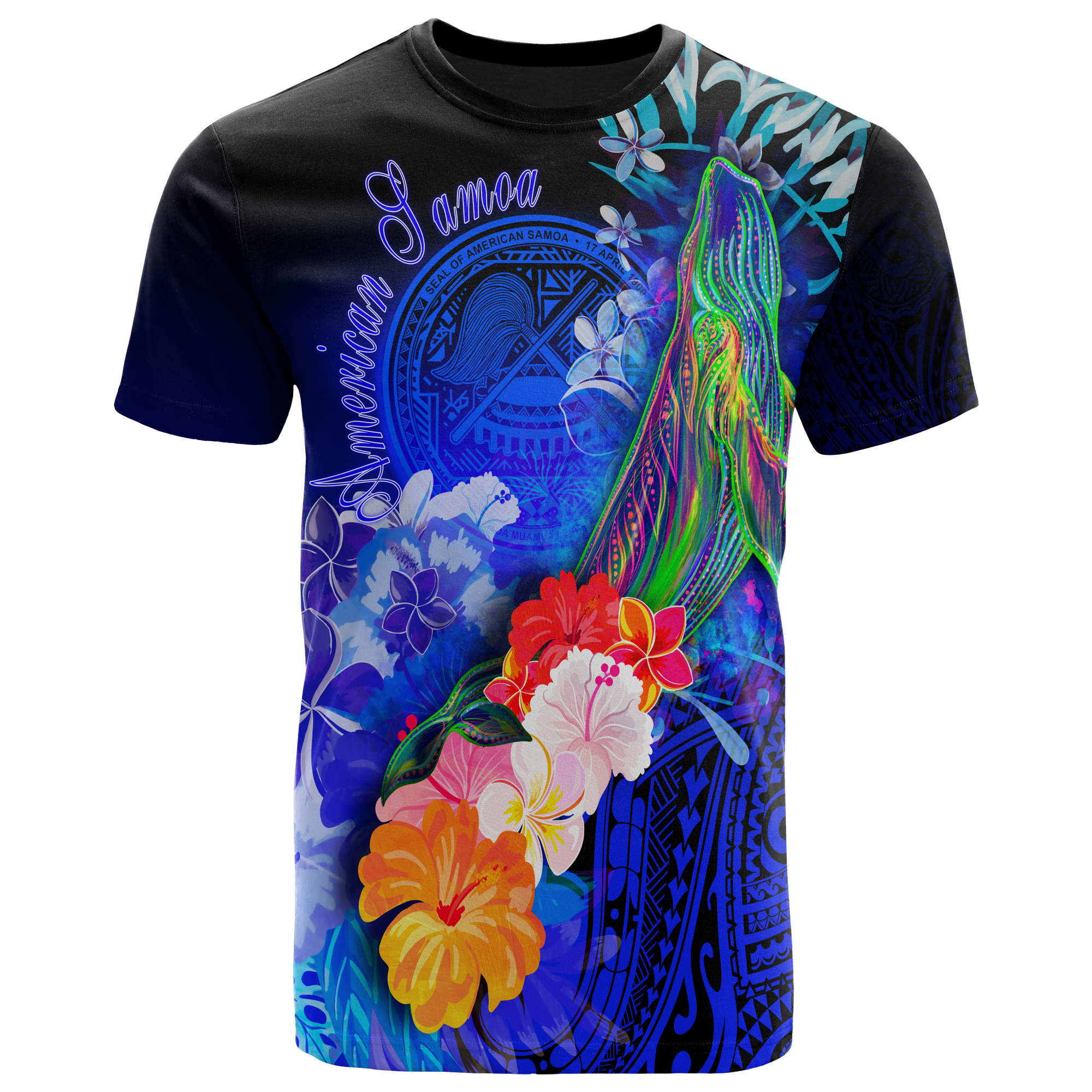 American Samoa Polynesian T Shirt Humpback Whale with Tropical Flowers (Blue) Unisex Blue - Polynesian Pride