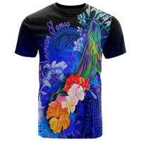 American Samoa Polynesian T Shirt Humpback Whale with Tropical Flowers (Blue) Unisex Blue - Polynesian Pride