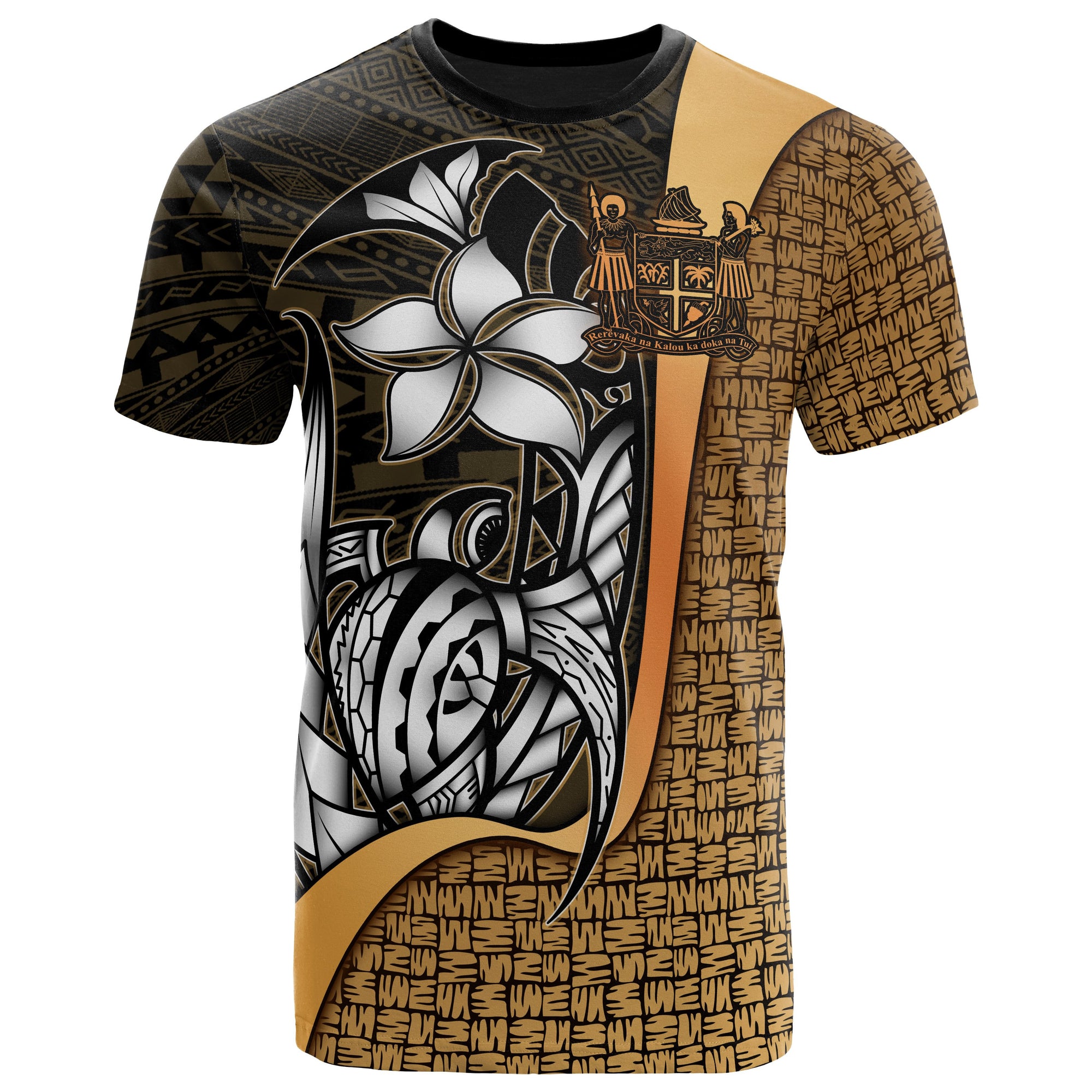 Fiji Polynesian T Shirt Gold Coat of Arm Turtle with Hook Unisex GOLD - Polynesian Pride