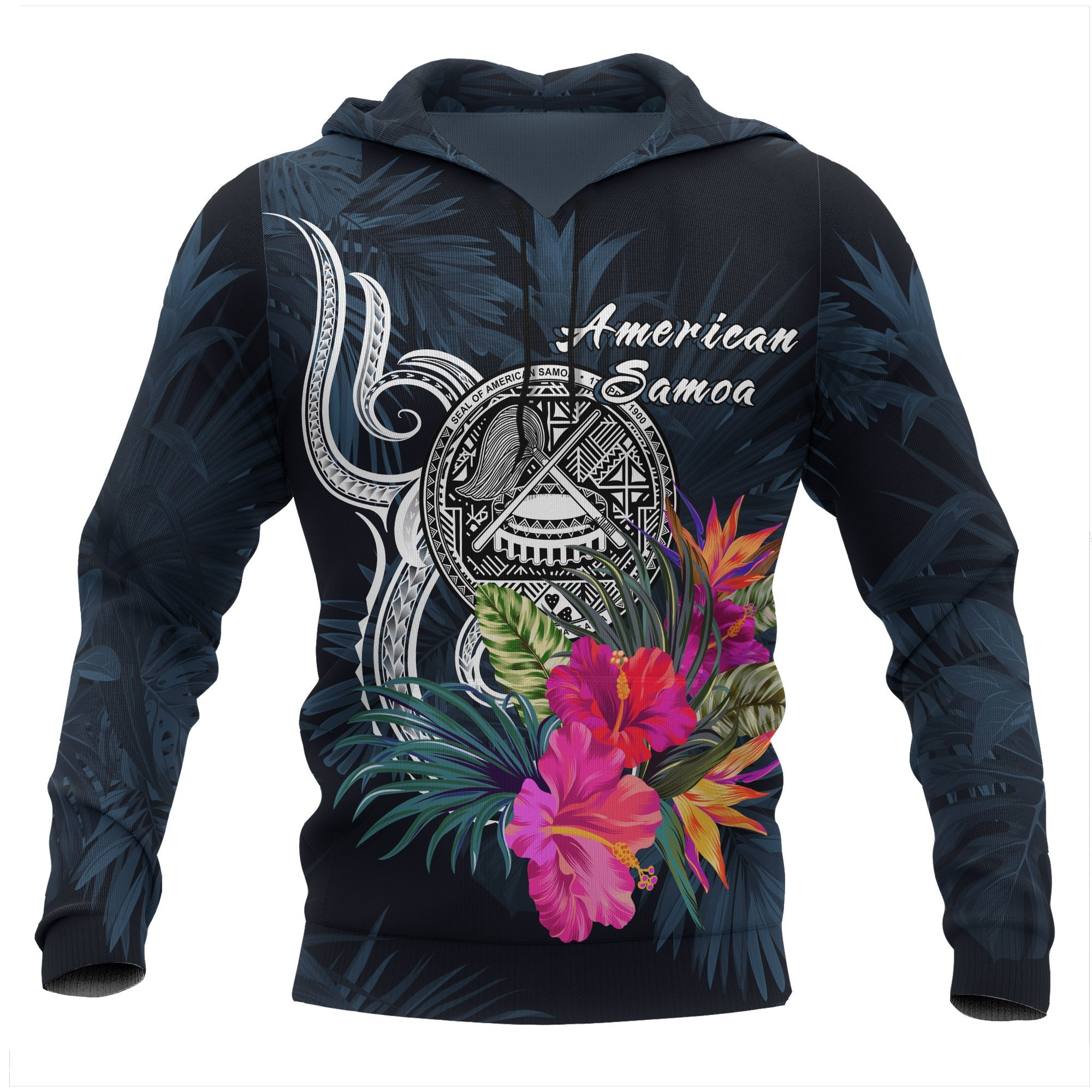 American Samoa Polynesian Hoodie Tropical Flower Unisex Blue - Polynesian Pride