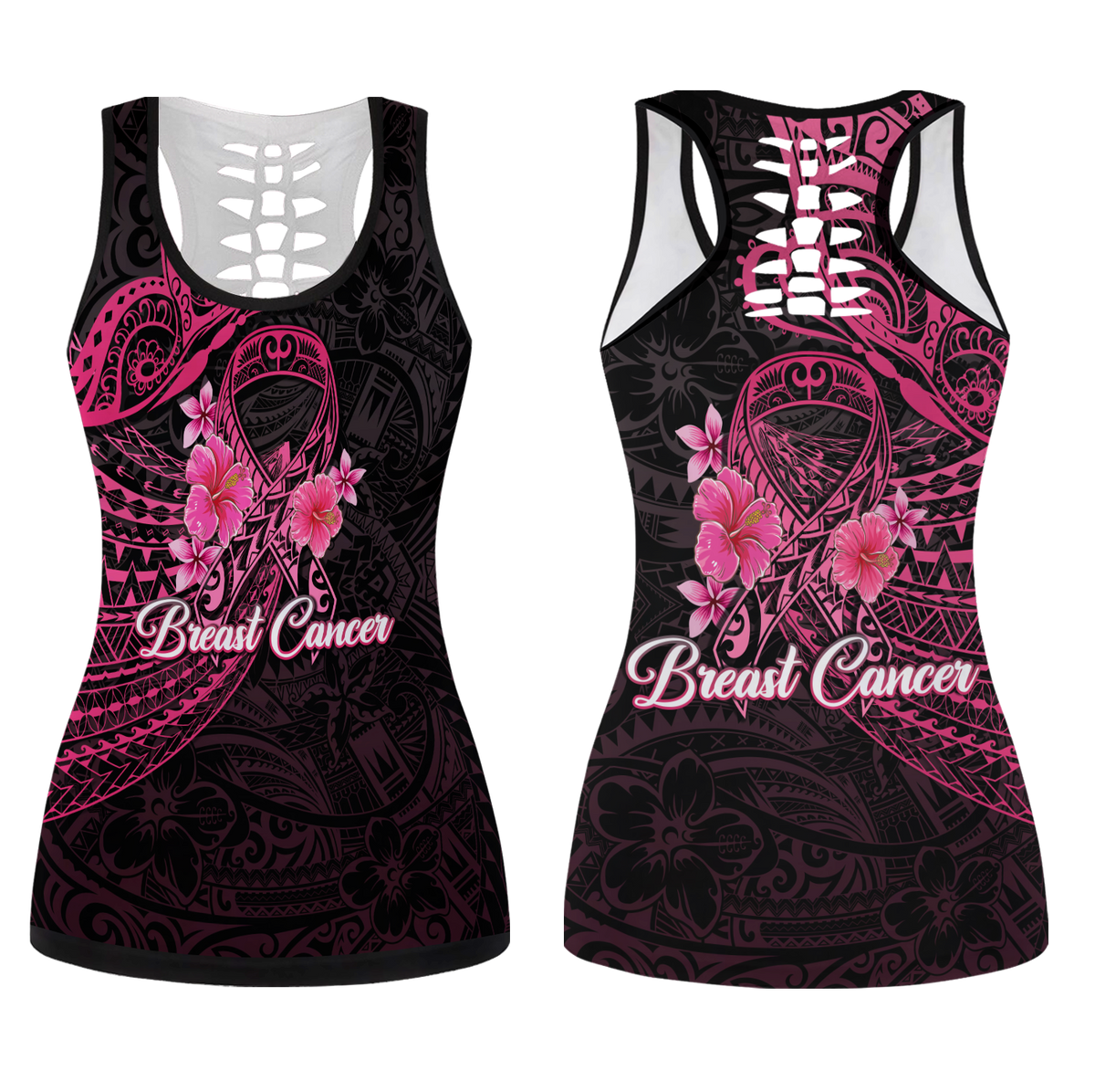 Breast Cancer Pink Ribbon Butterfly Polynesian Black Version Hollow Tank Top - LT12 Female Black - Polynesian Pride