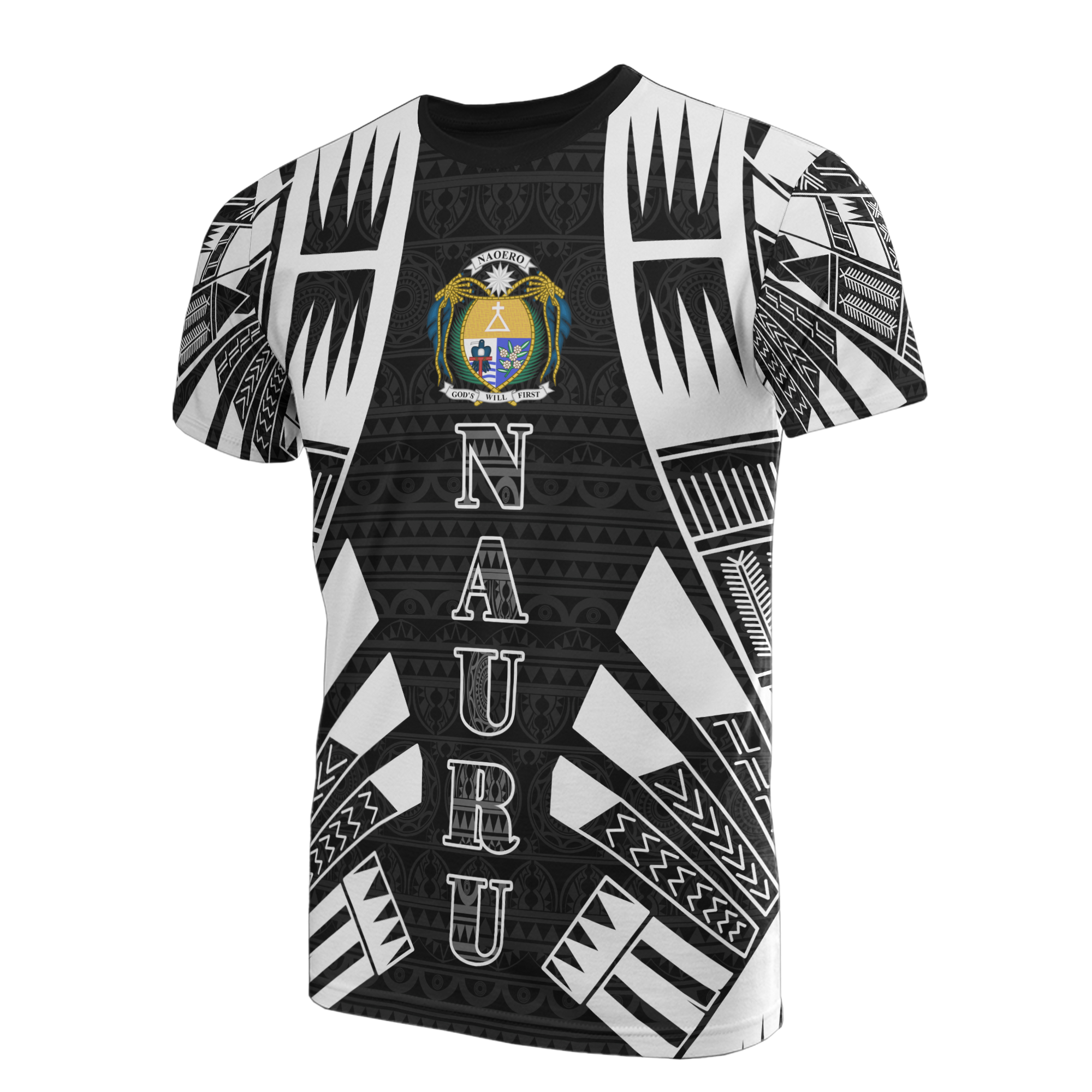 Nauru T Shirt Nauru Coat Of Arms Polynesian Tattoo Style Unisex Black - Polynesian Pride