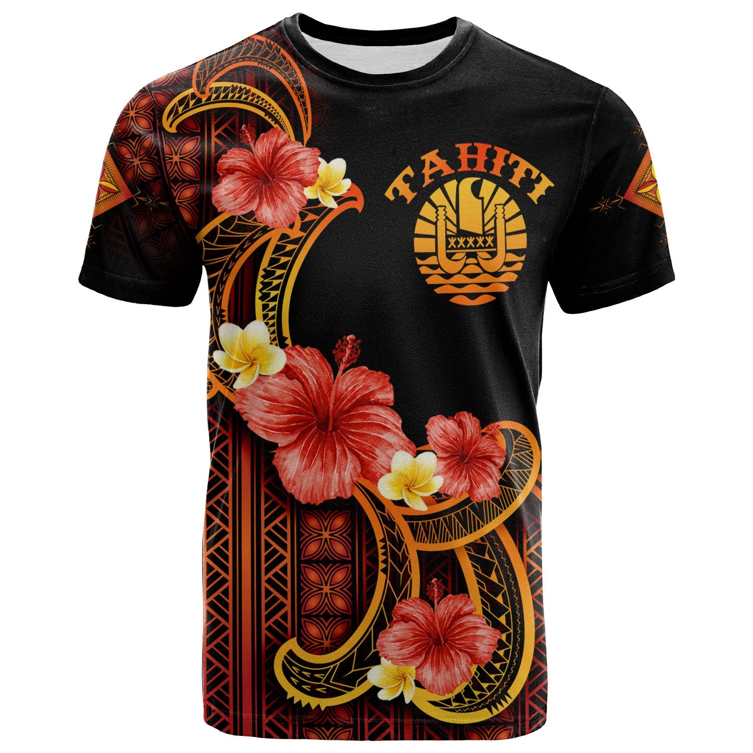 Tahiti T Shirt Hibiscus Plumeria Mix Tribal Leaves Unisex Orange - Polynesian Pride