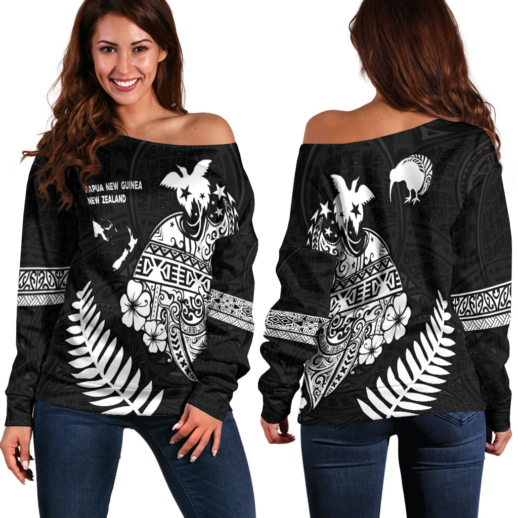 Papua New Guinea and New Zealand Off Shoulder Sweater Maori Polynesian LT13 Black - Polynesian Pride