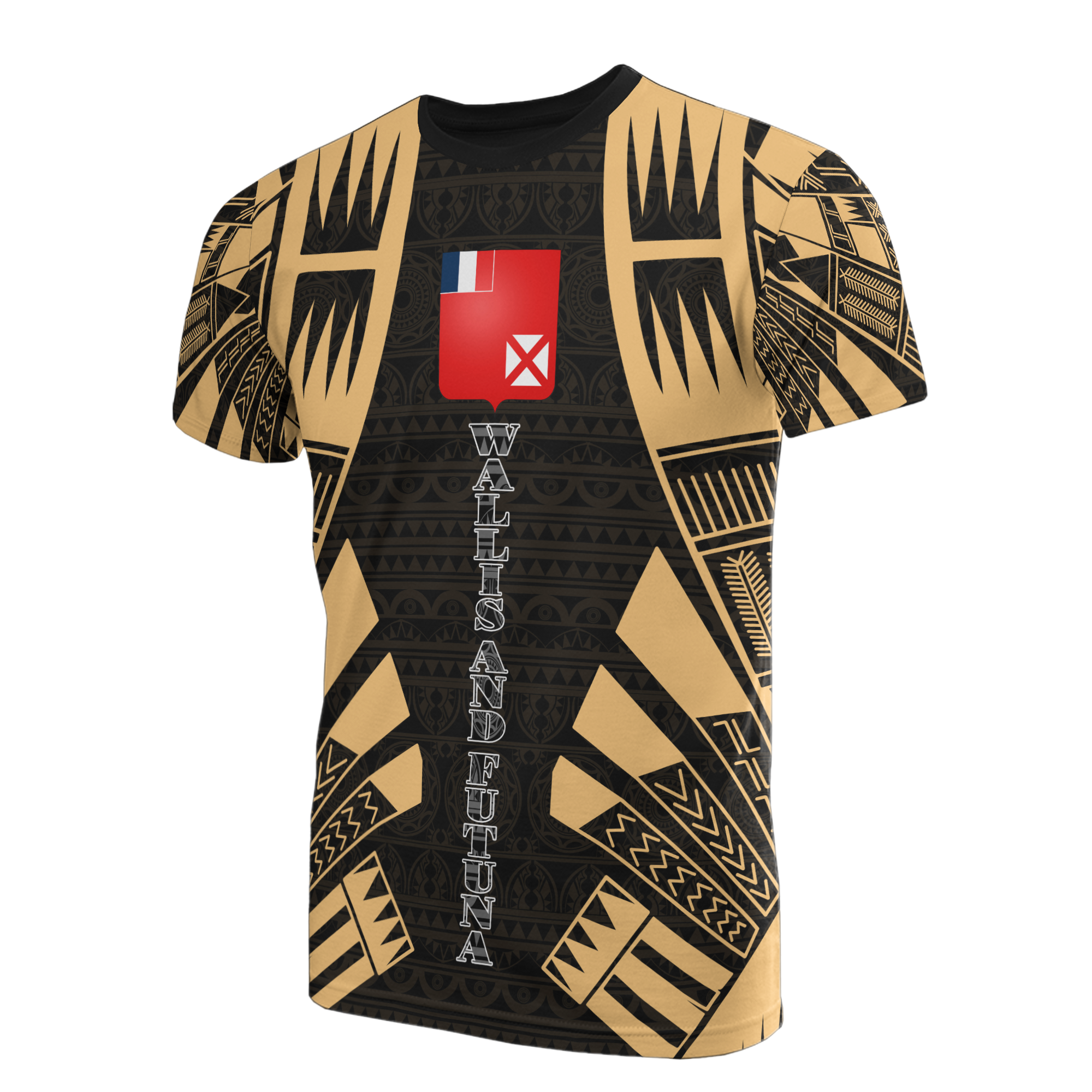 Wallis and Futuna T Shirt Wallis and Futuna Coat of Arms Polynesian Tattoo Gold Style Unisex Black-Gold - Polynesian Pride