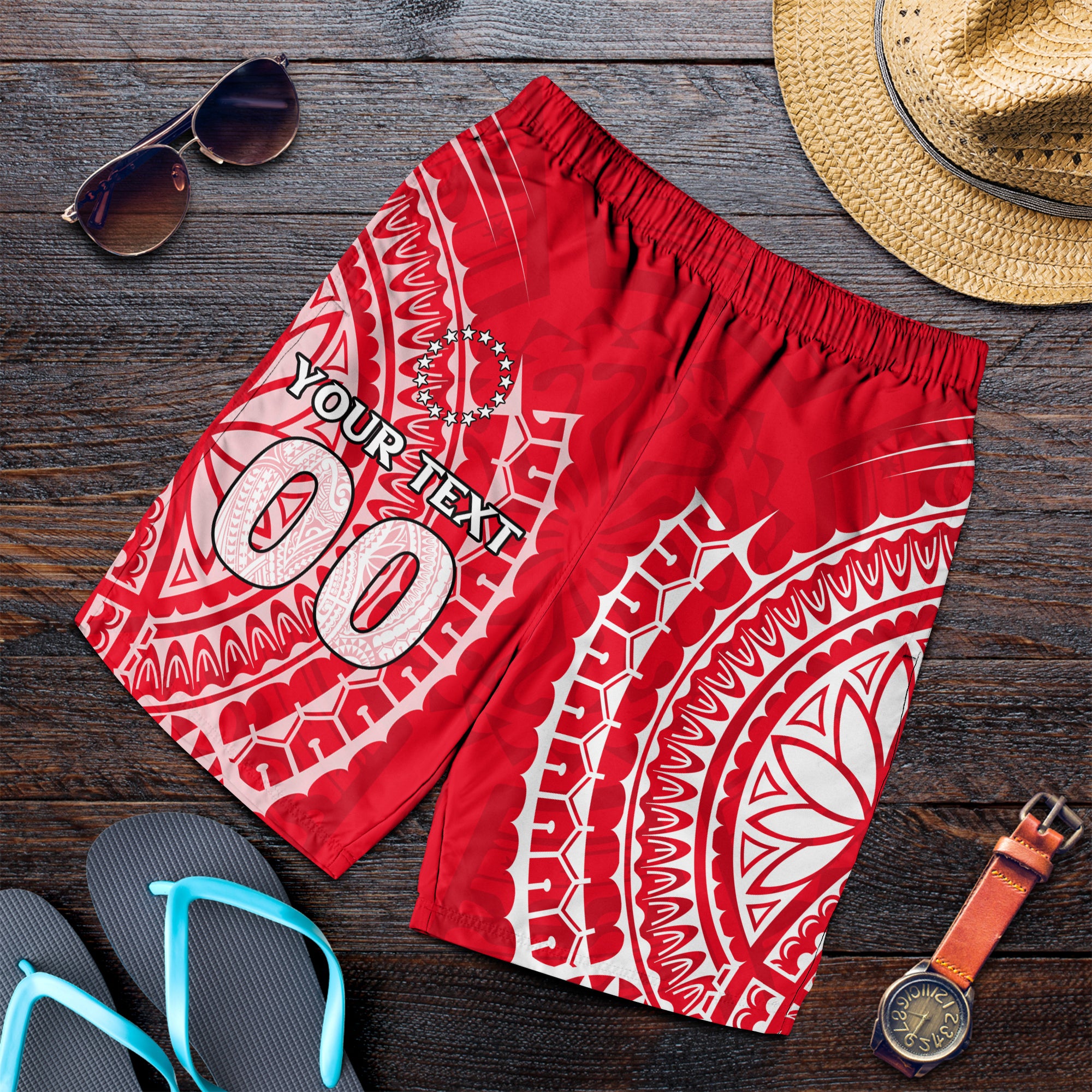 (Custom Personalised) Cook Islands Atiu Men Short - Tribal Pattern - LT12 Red - Polynesian Pride