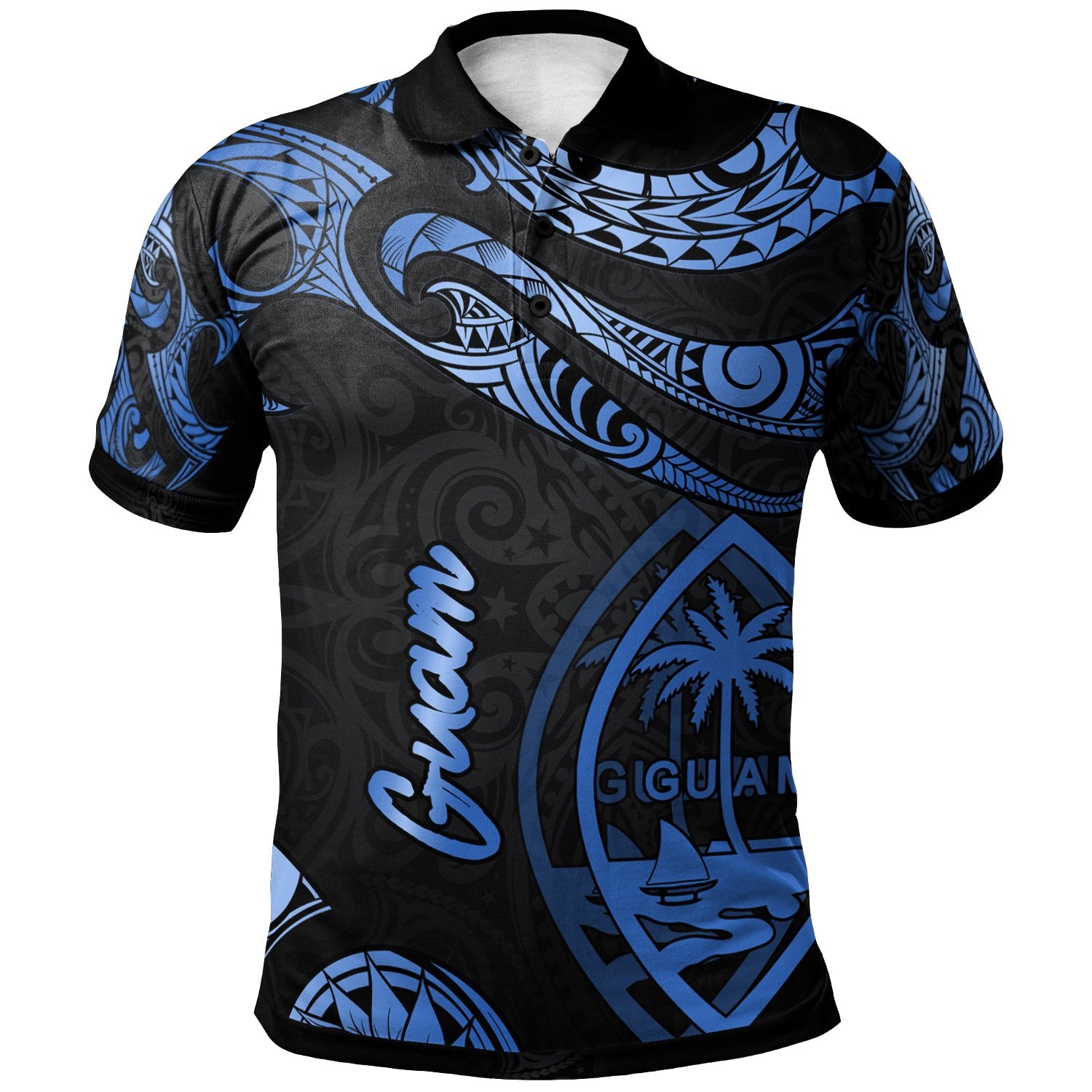 Guam Polo Shirt Polynesian Tattoo Blue Version Unisex Blue - Polynesian Pride