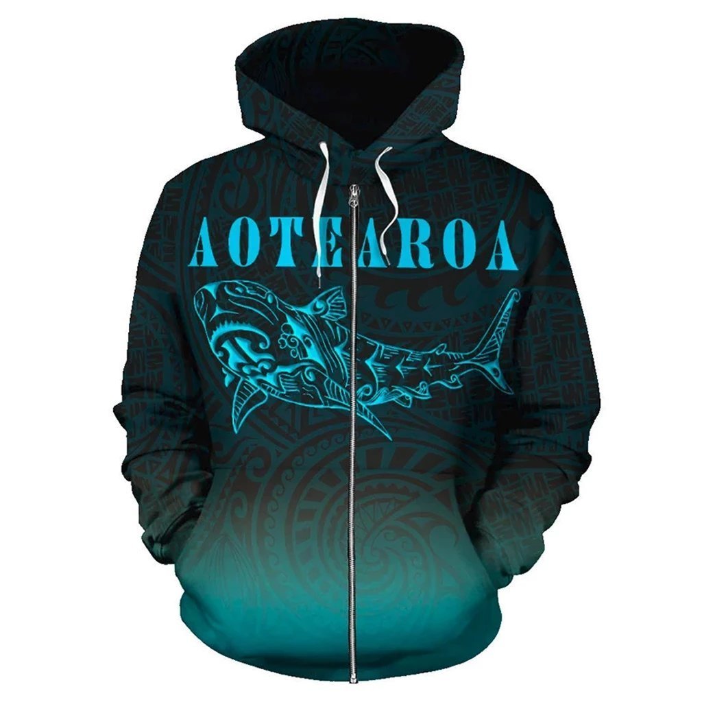 Maori Shark Aotearoa Zip Hoodie Blue Unisex Blue - Polynesian Pride