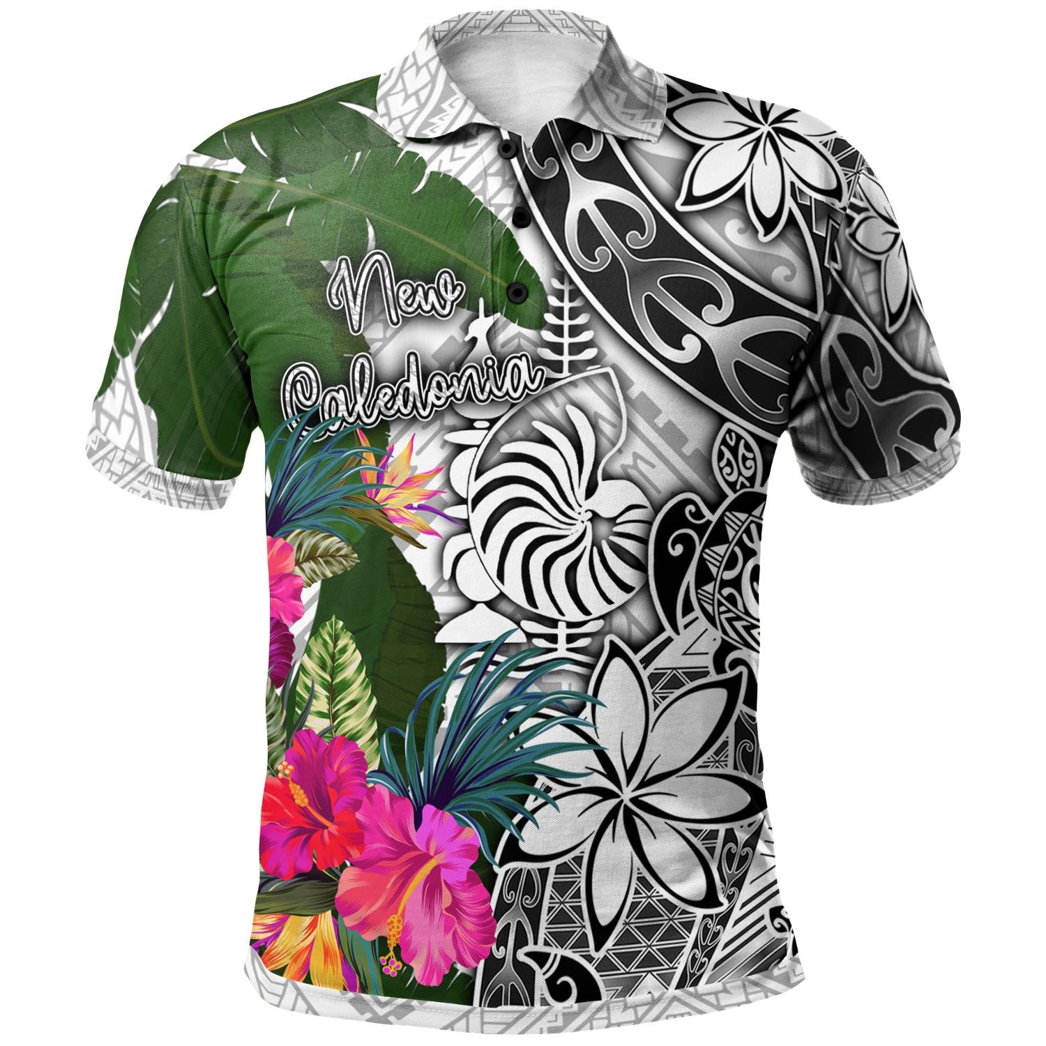 New Caledonia Polo Shirt White Turtle Plumeria Banana Leaf Crest Unisex White - Polynesian Pride