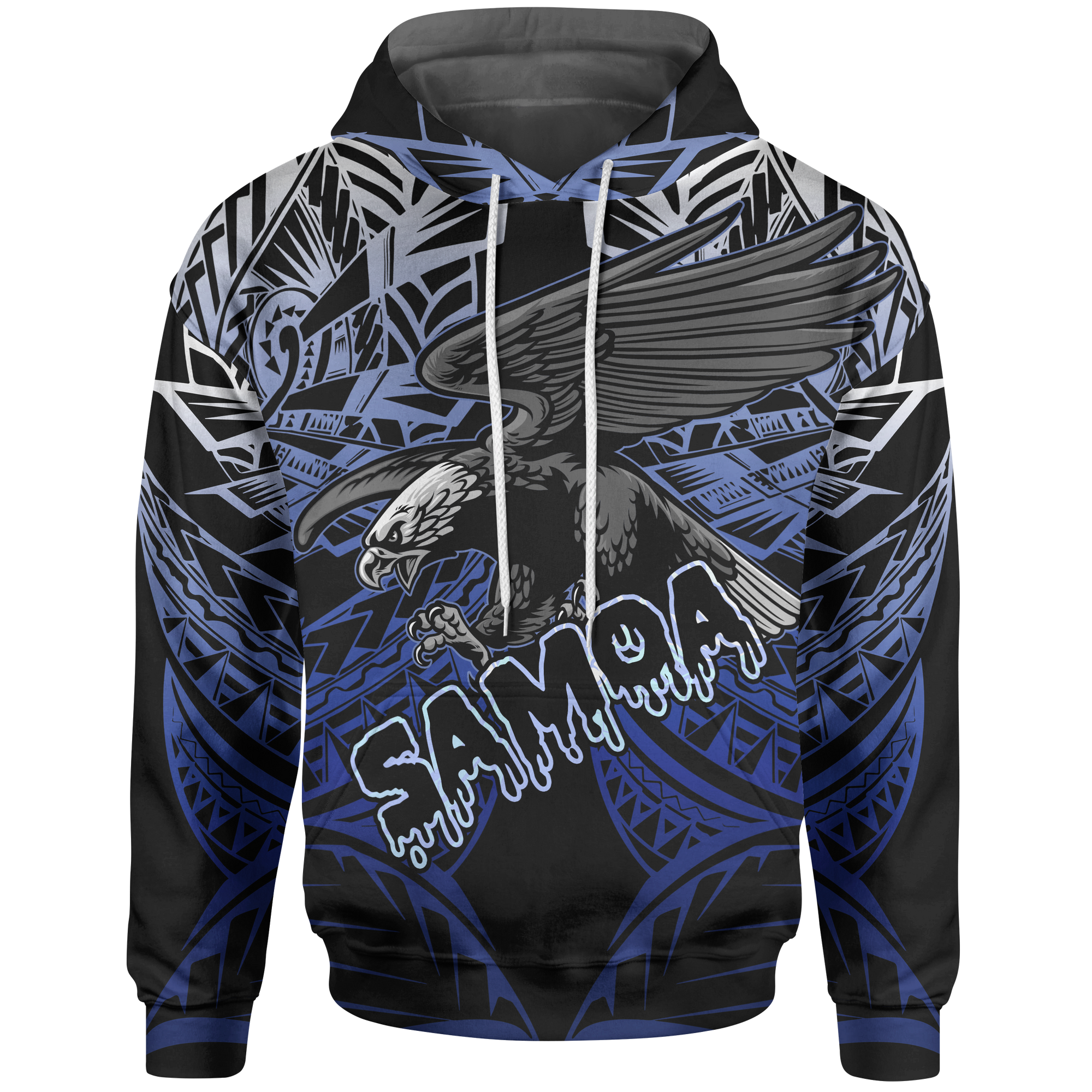 Samoa Polynesian ll Over Hoodie Eagle Tribal Pattern Blue Unisex Blue - Polynesian Pride