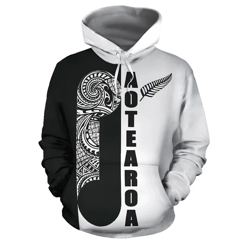 Maori Koru Aotearoa Hoodie Black White Unisex Black - Polynesian Pride