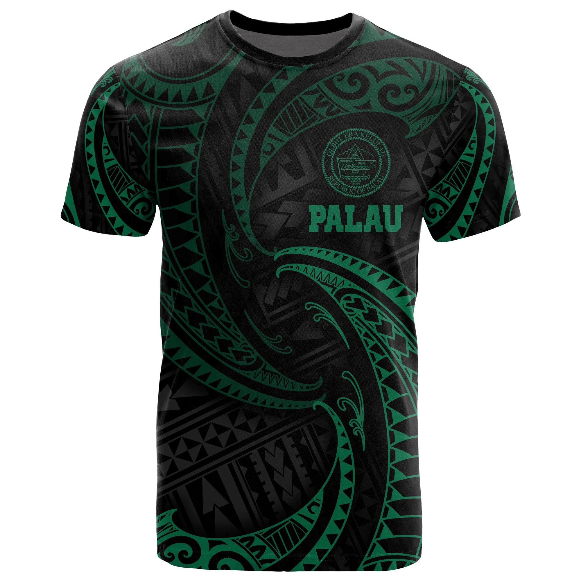 Palau Polynesian All Over T Shirt Green Tribal Wave Unisex Green - Polynesian Pride