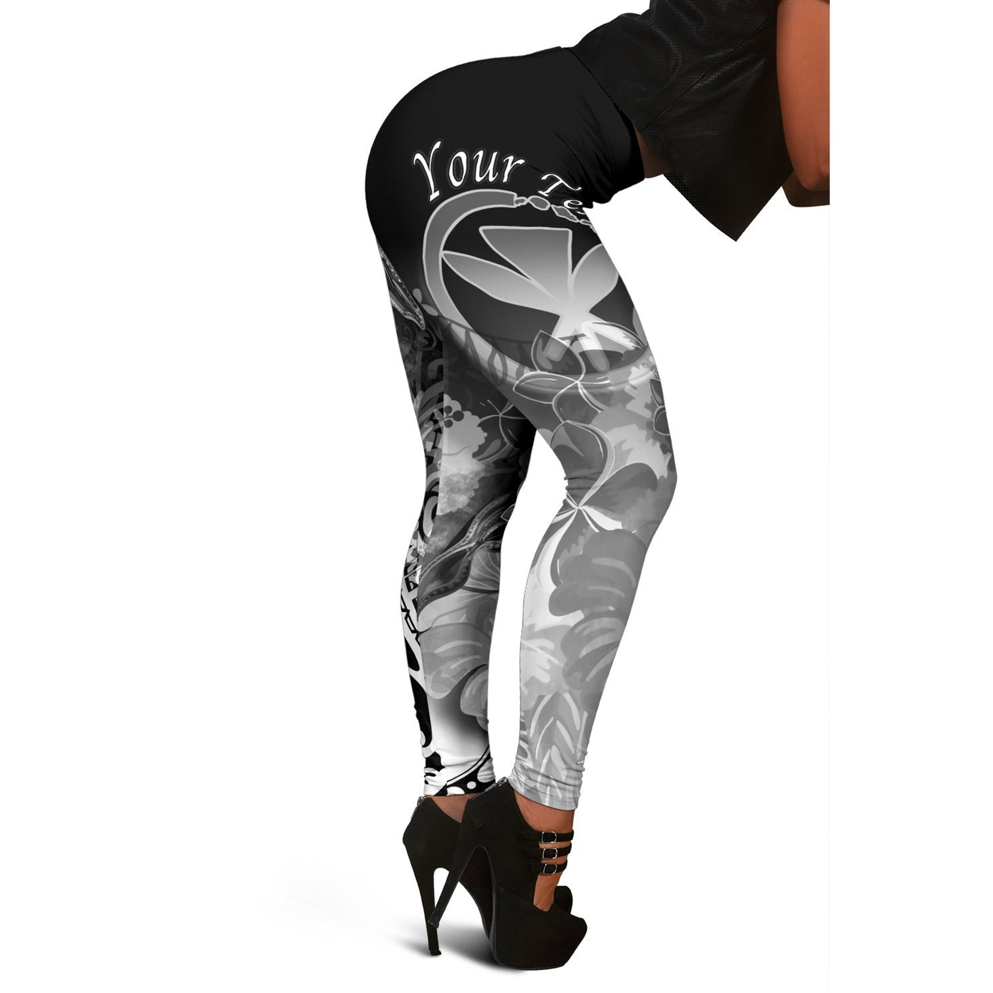 Polynesian Hawaii Custom Personalised Women's Leggings - Kanaka Maoli Humpback Whale with Tropical Flowers (White) White - Polynesian Pride