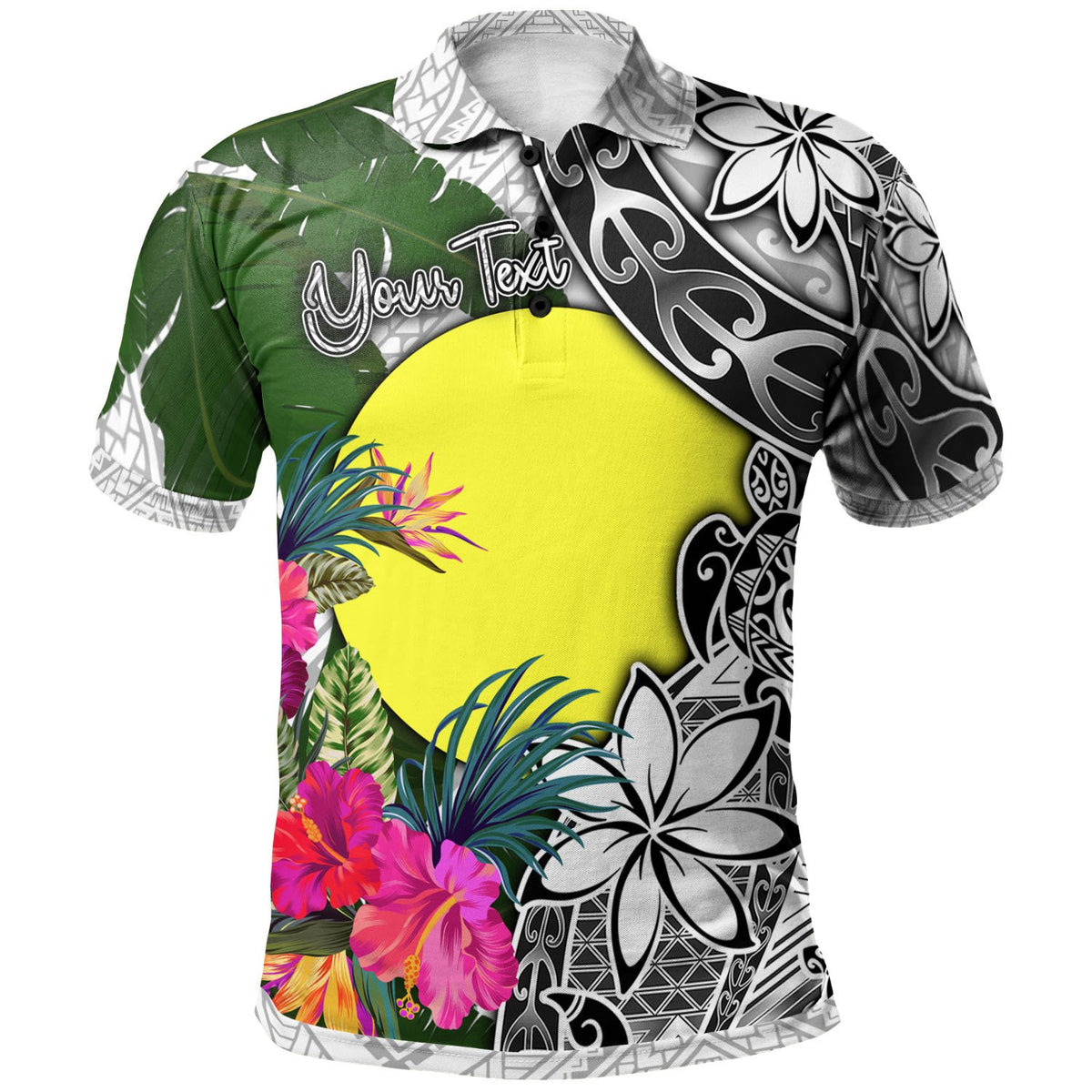 Palau Custom Polo Shirt White Turtle Plumeria Banana Leaf Unisex White - Polynesian Pride