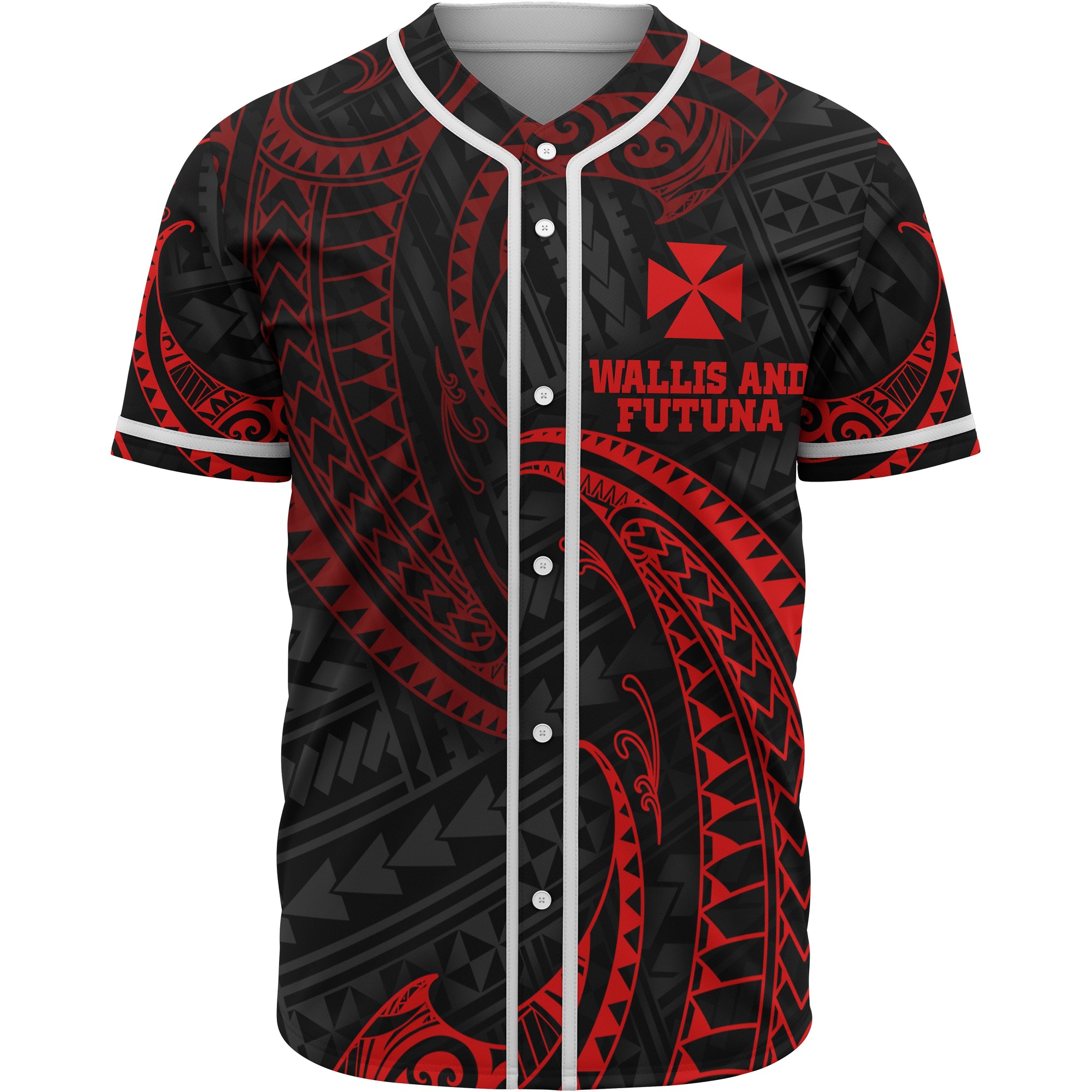 Wallis and Futuna Polynesian Baseball Shirt - Red Tribal Wave Unisex Red - Polynesian Pride