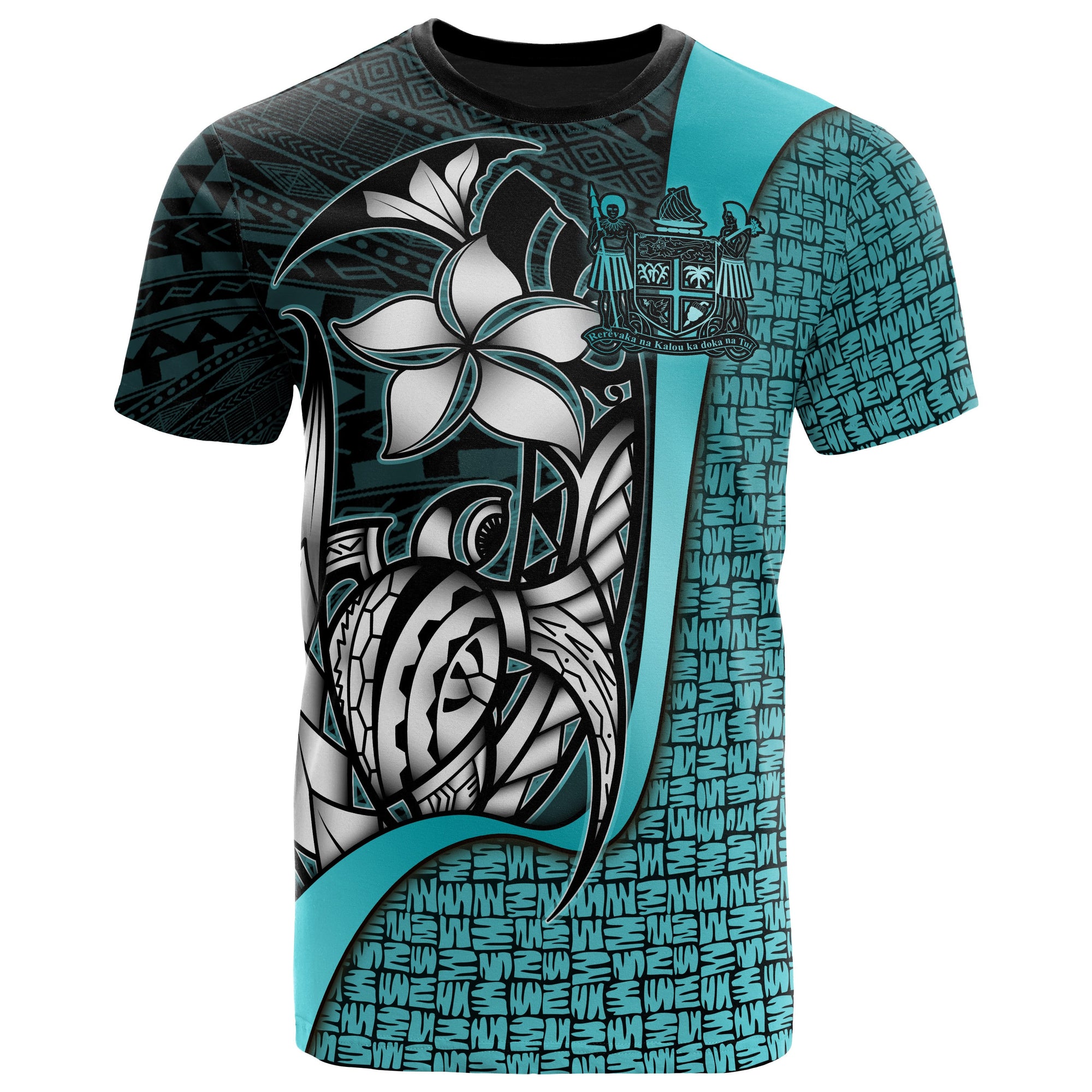 Fiji Polynesian T Shirt Turquoise Coat of Arm Turtle with Hook Unisex TURQUOISE - Polynesian Pride