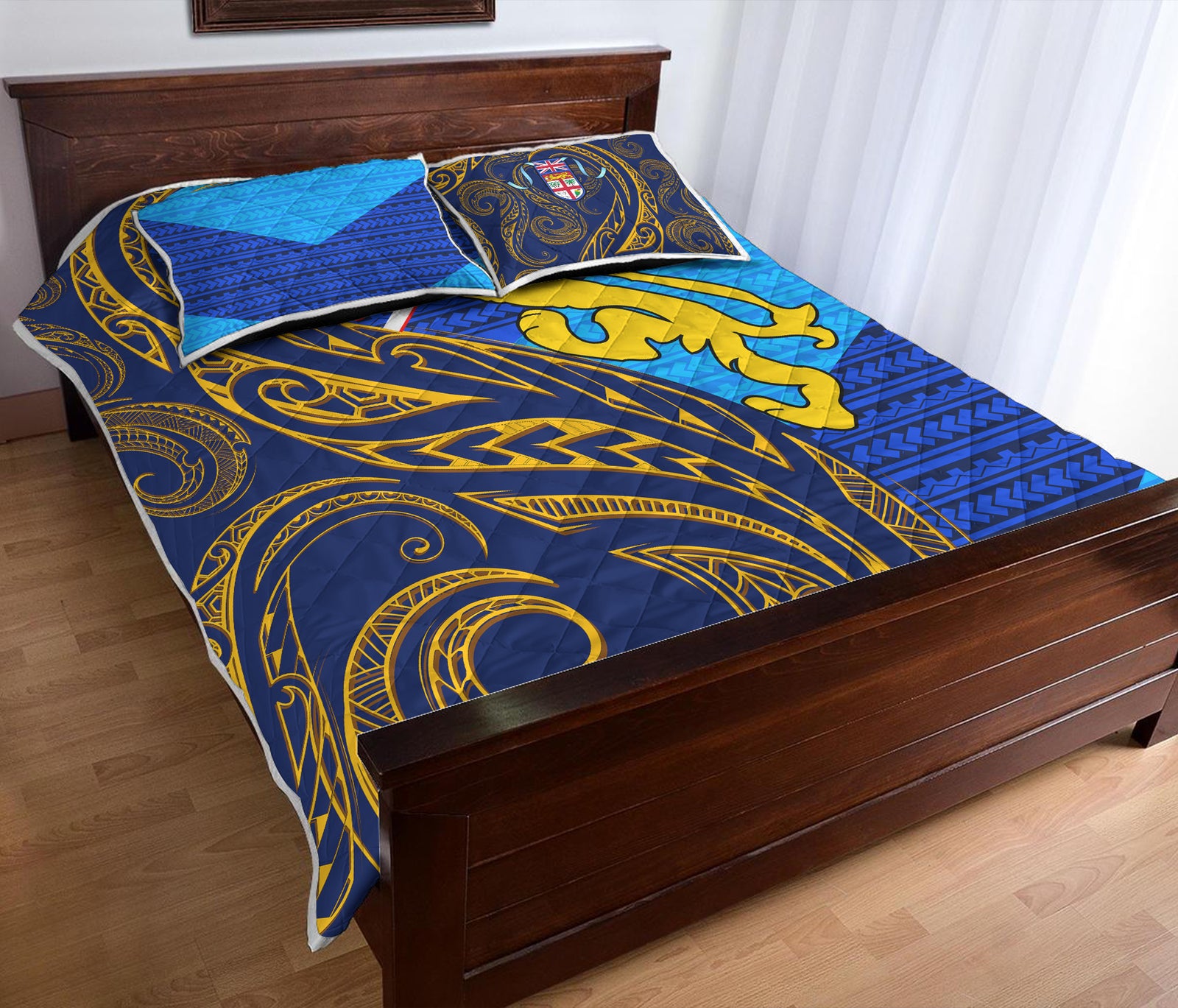 Fiji Quilt Bed Set - Flag's Color With Gold Polynesian Pattern - LT20 Blue - Polynesian Pride