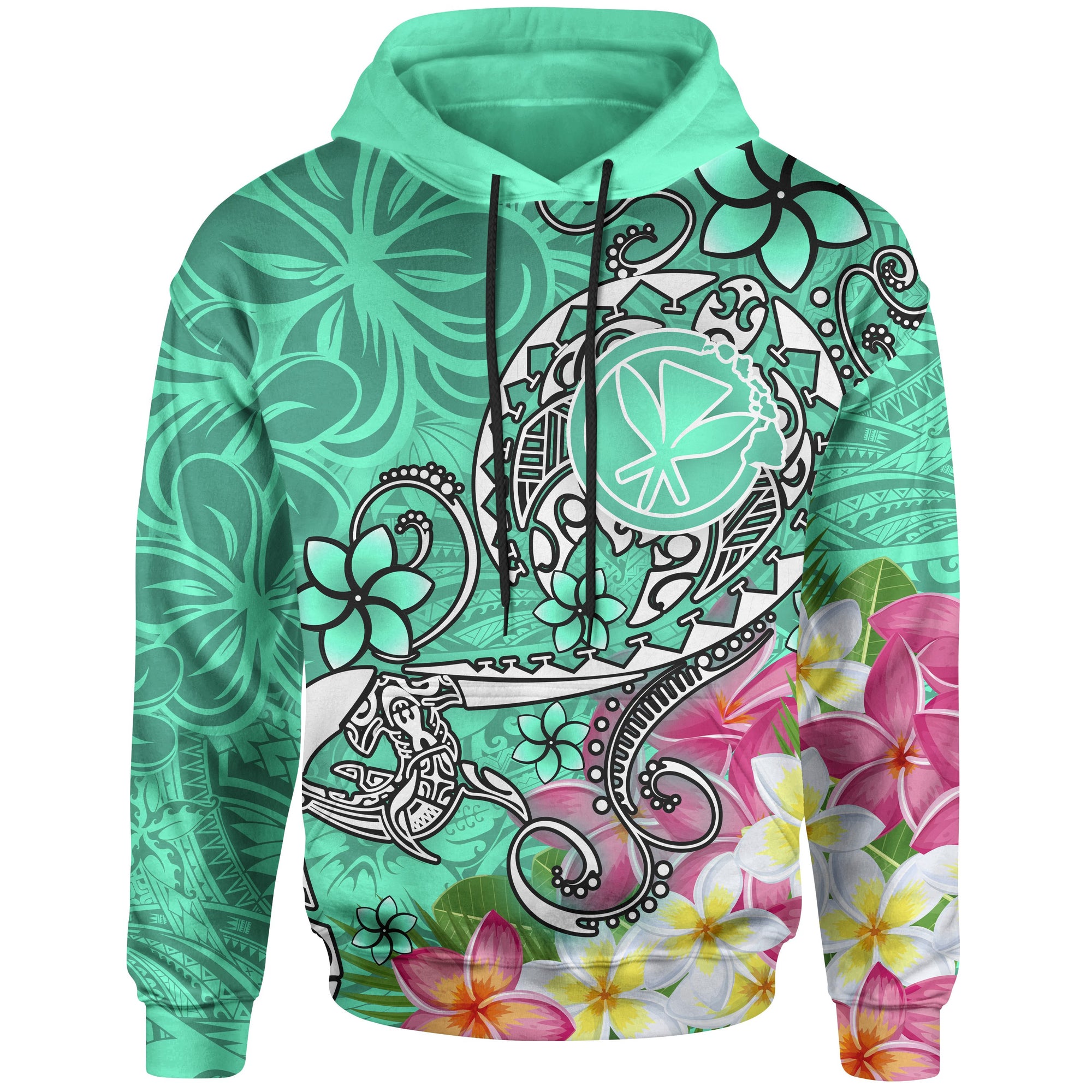 Hawaii Hoodie Turtle Plumeria Polynesian Tattoo Turquoise Color Unisex Turquoise - Polynesian Pride