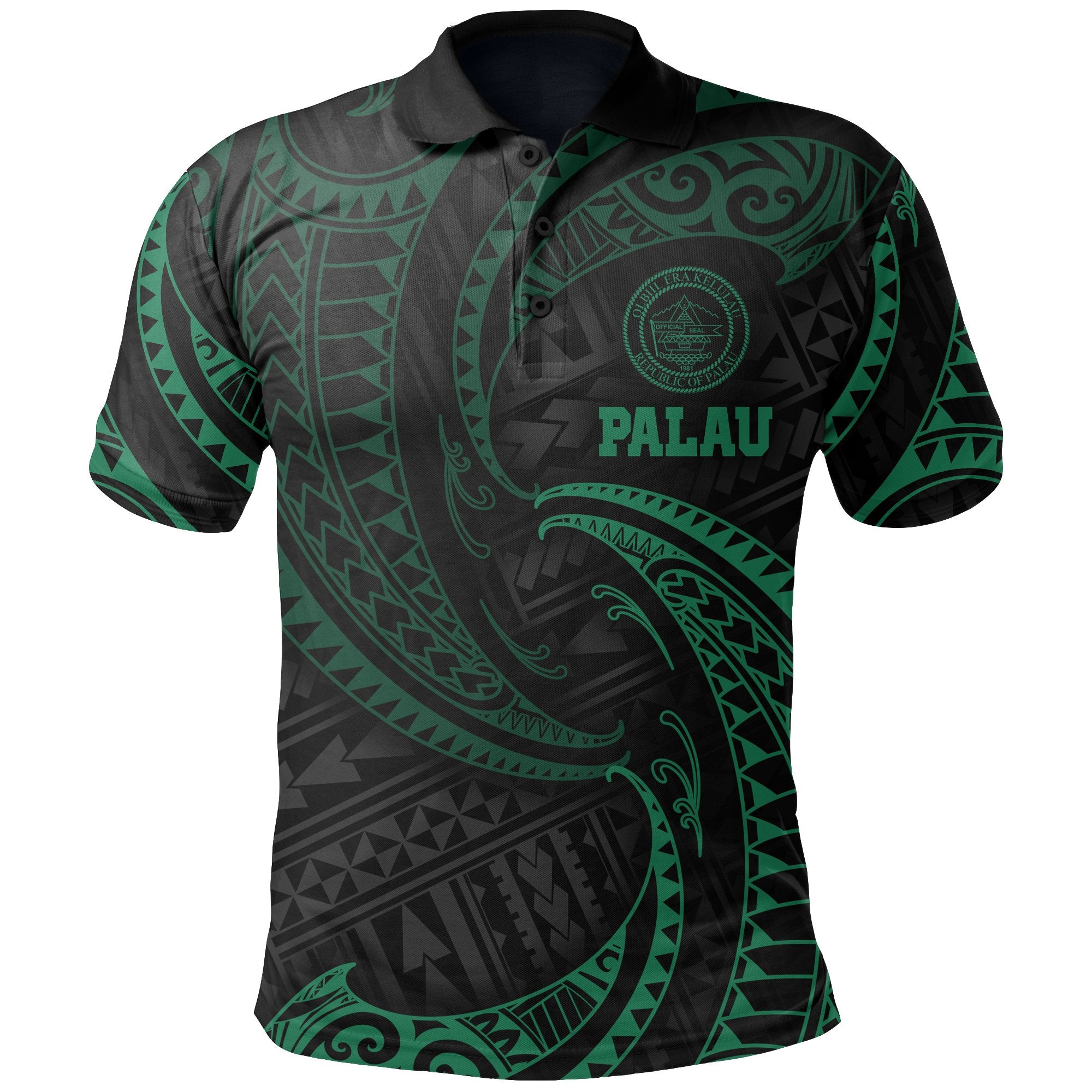 Palau Polynesian Polo Shirt Green Tribal Wave Unisex Green - Polynesian Pride