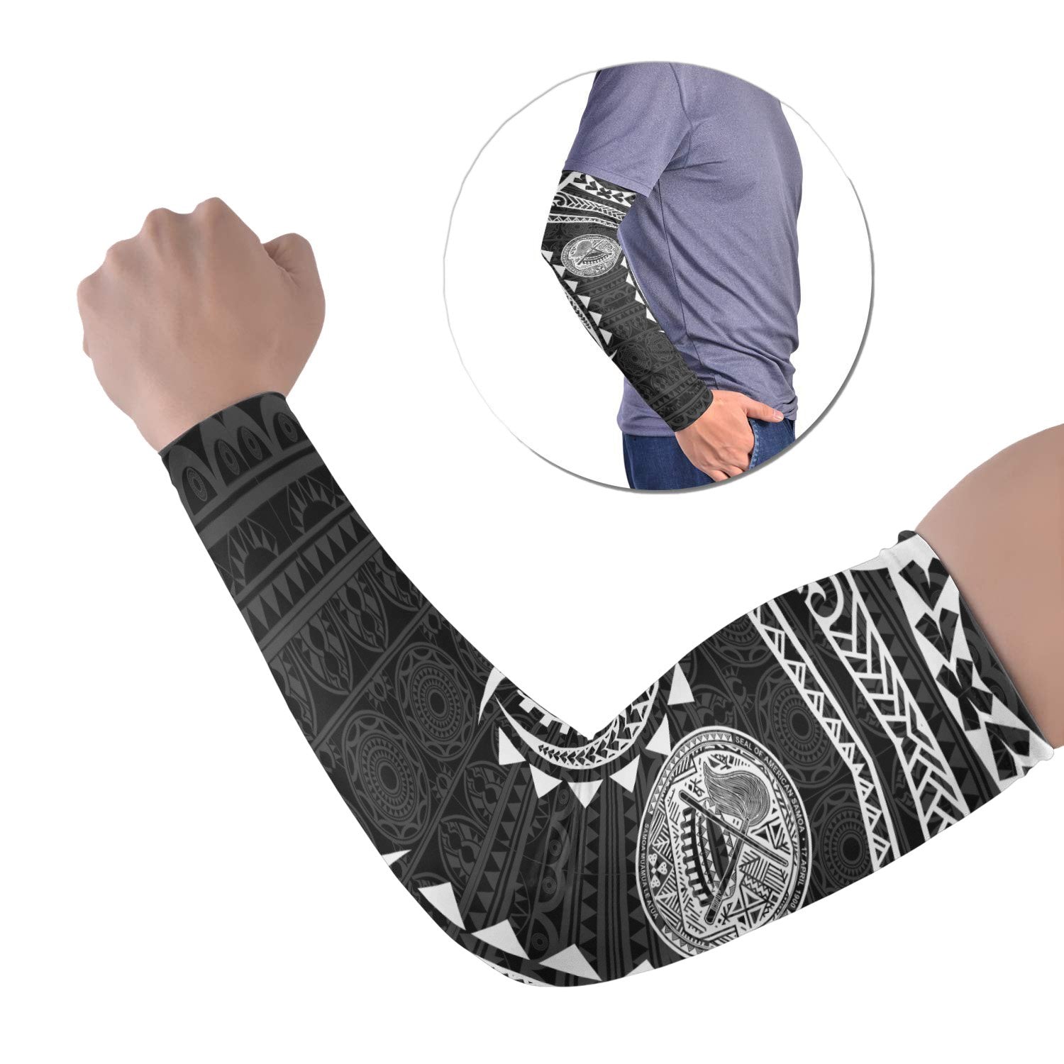 American Samoa Polynesian Arm Sleeve - White Tribal Pattern Set of 2 Black - Polynesian Pride