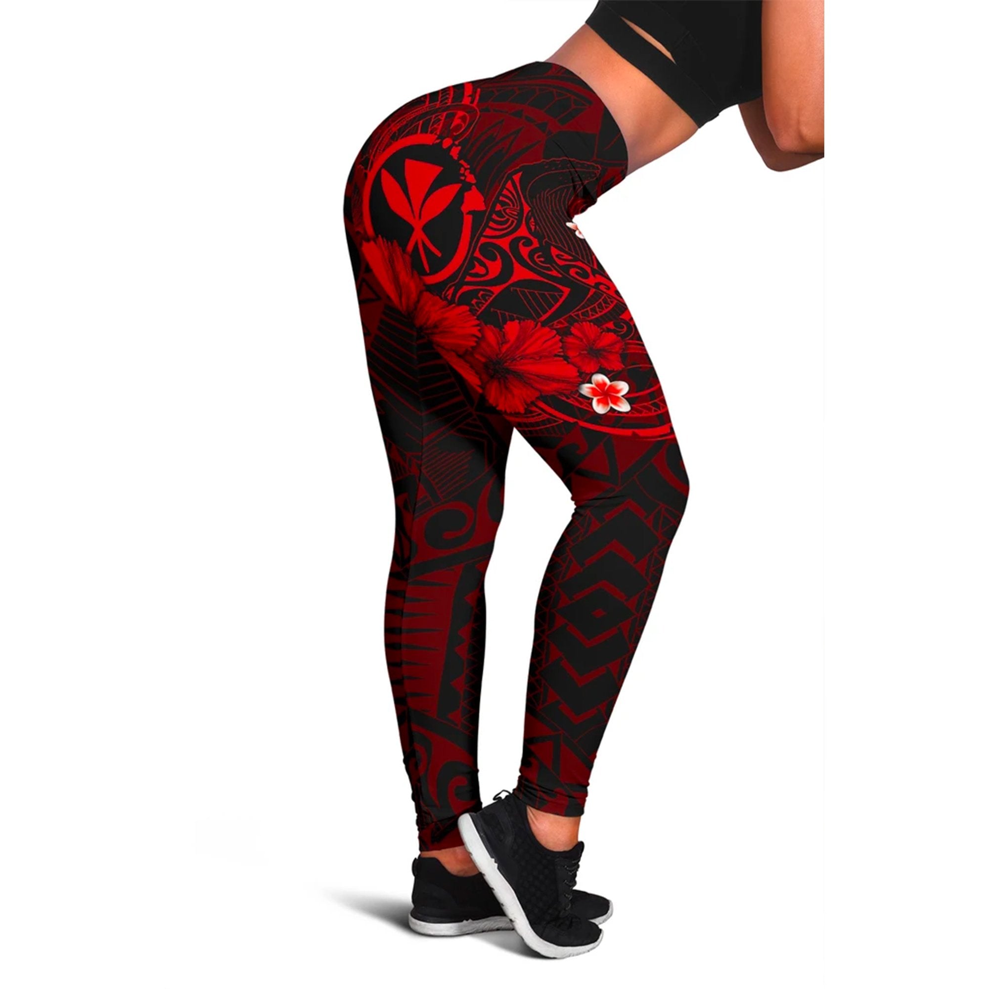 Polynesian Hawaii Kanaka Maoli Leggings - Humpback Whale with Hibiscus (Red) Red - Polynesian Pride