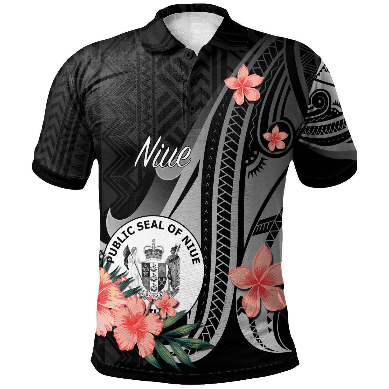 Niue Polo Shirt Polynesian Hibiscus Pattern Style Unisex Black - Polynesian Pride