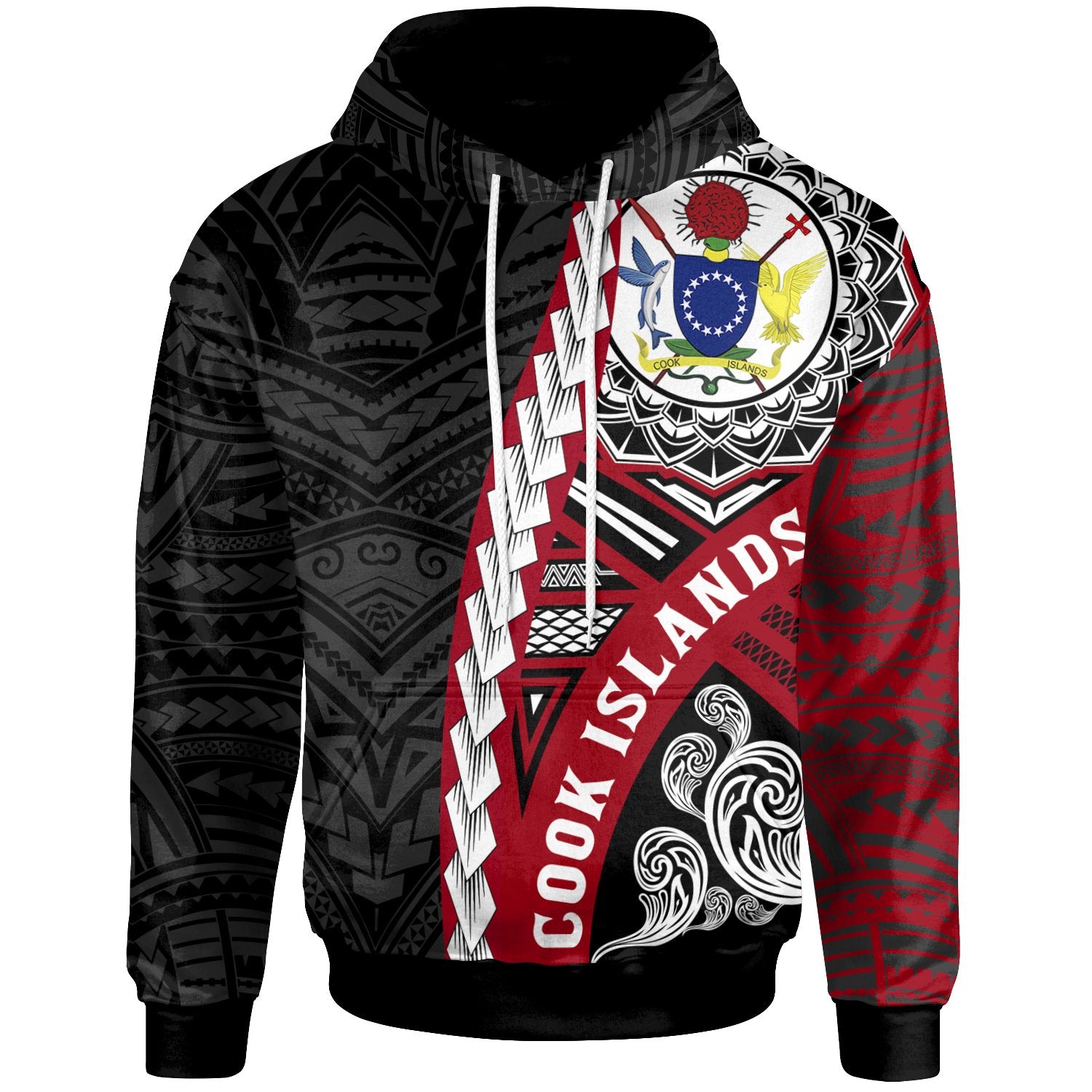 Cook Islands Polynesian Hoodie Wave Tattoo Unisex Red - Polynesian Pride